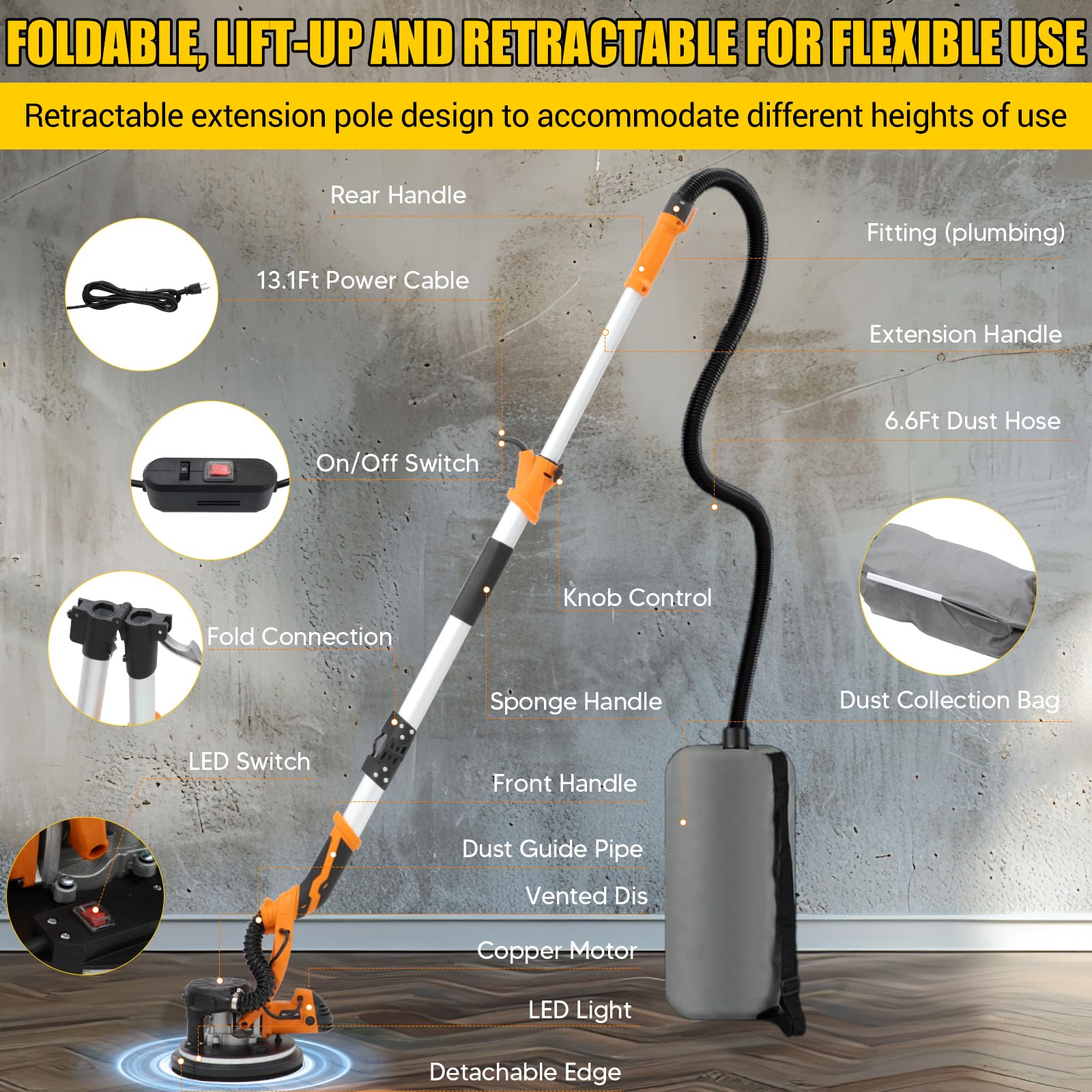 Levigatrice per muro telescopica,1250W Levigatrice Muro con Aspiratore, 5 Velocità Variabili 800-1800 giri/minuto, Impugnatura Estensibile, Luce LED, Tubo per La Polvere Lungo