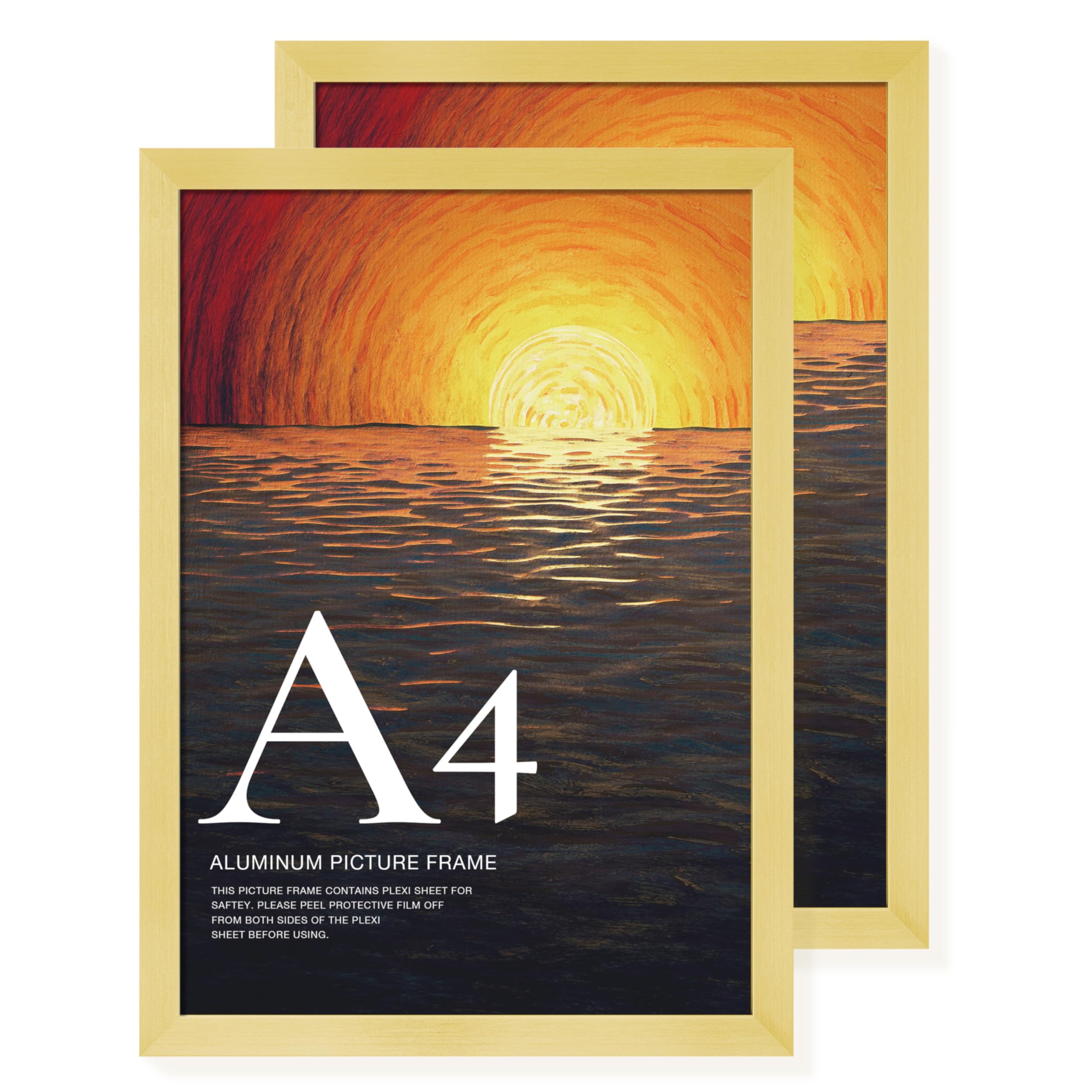 LIVINGTASTE A4 Picture Frame Brushed Gold Aluminium, 2-Pack 21x30 cm Photo Frame with Plexiglass Front