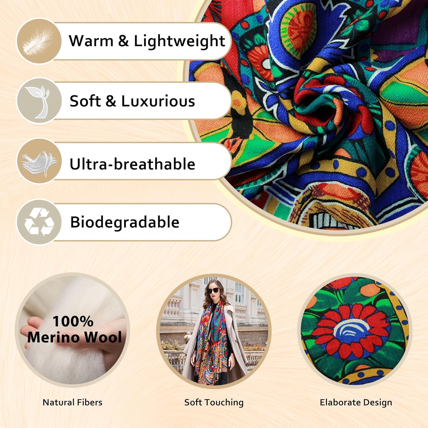 DANA XU 100% Merino Wool Extra Large Pashmina Blanket Travel Scarf Cashmere Wrap for Women Fall Winter Oversize Shawl Floral - Image 3