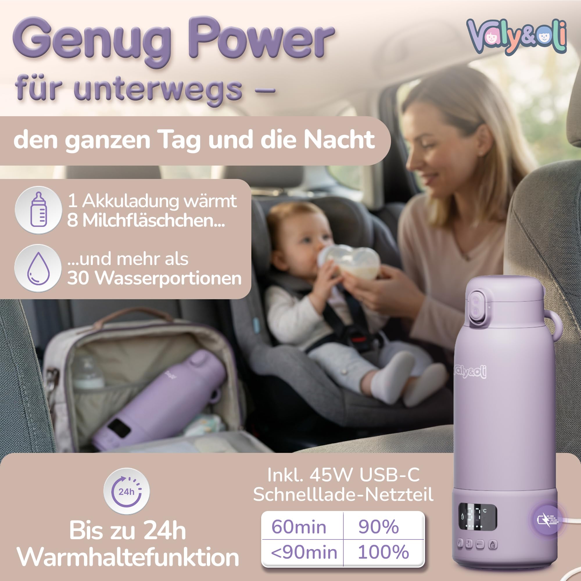Valy&Oli® Flaschenwärmer Baby Unterwegs [Power 16.000mAh Akku] - Blitzschnell in 3 Min auf 37°C [Bis 100°C] - Tragbarer Milchwärmer [500ml] - Auslaufsicherer Babyflaschenwärmer (Lavendel-Lila)
