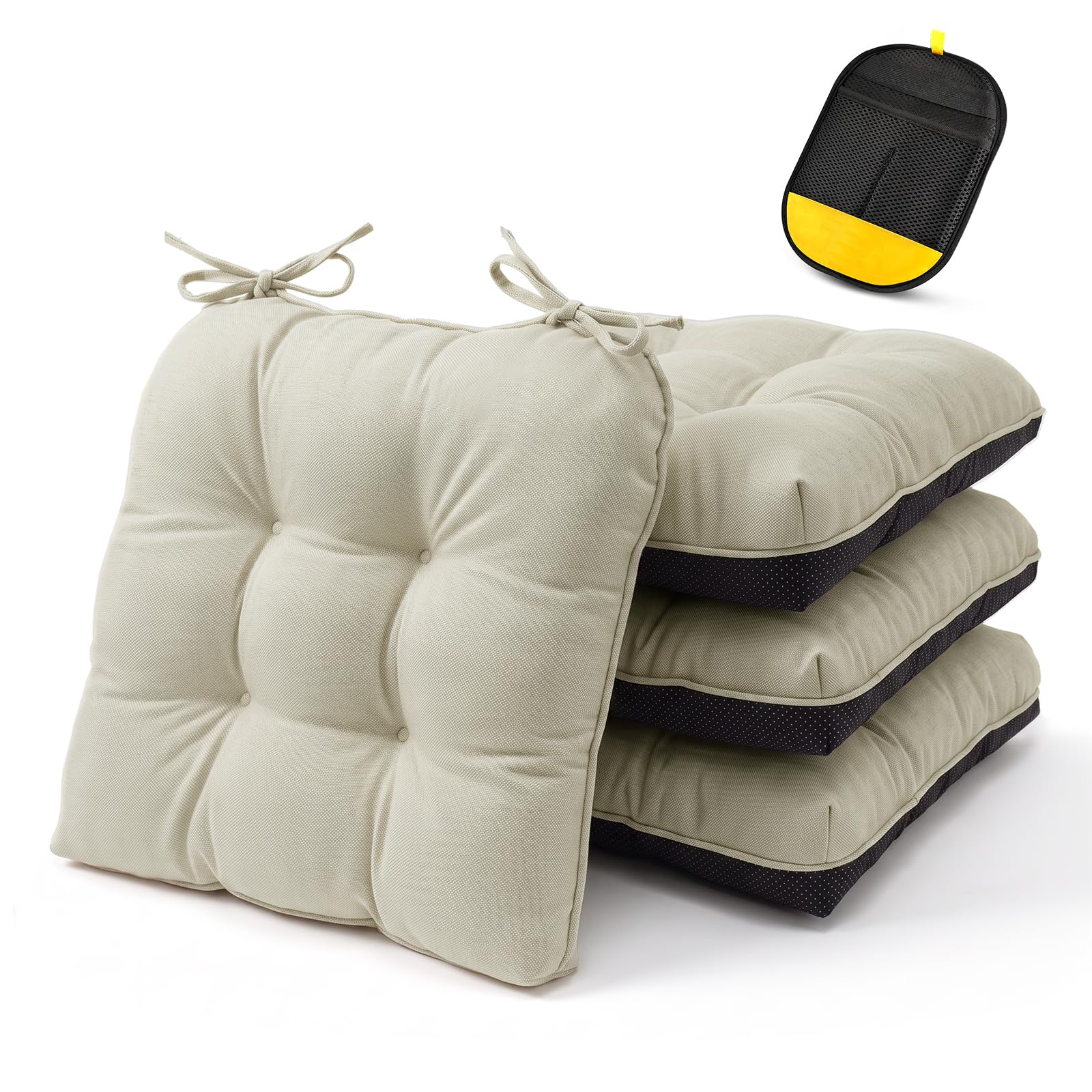 LiveGo Chair Cushions for Dining Chairs Set of 4, 6cm Thick Memory Foam Seat Pads with Ties, Non-Slip Bottom, Kitchen Table Cushions for Indoor Outdoor Use, 45x45x6cm (Off-White A)