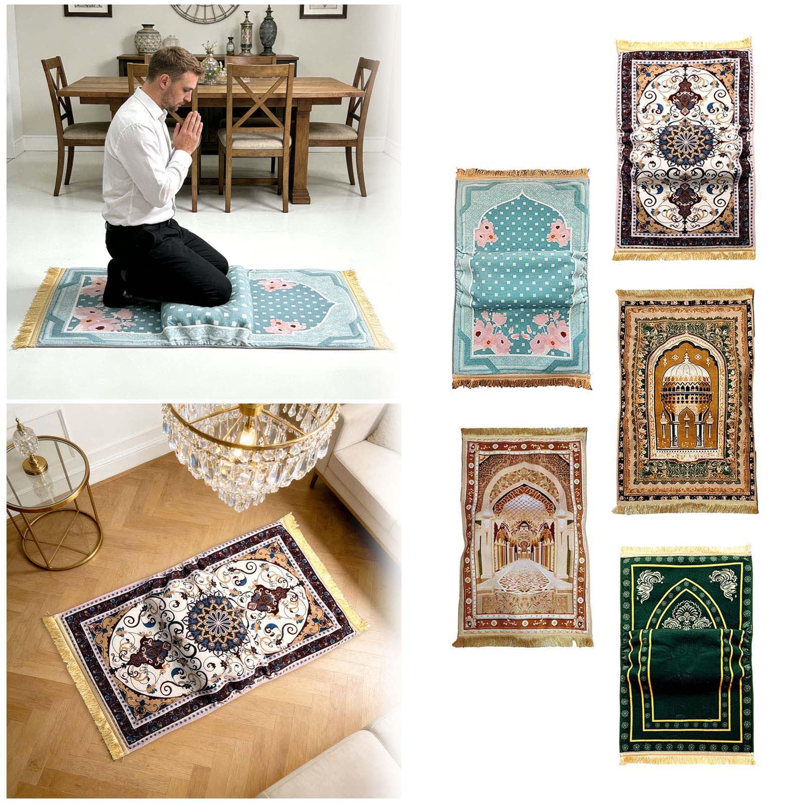 Tapis de prière Janamaz avec coussin pour genoux, pliable, antidérapant, gris