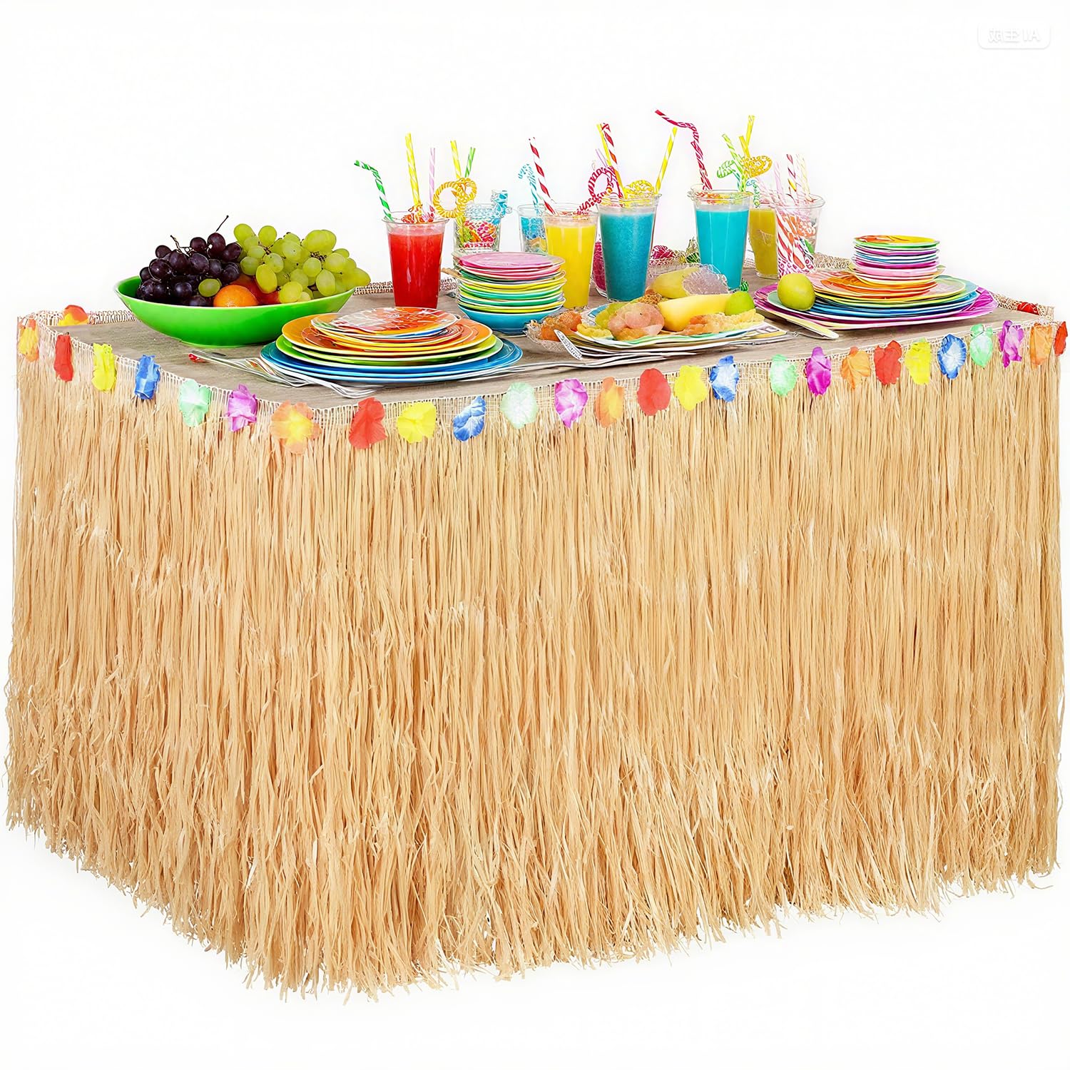 108 x 29.5 Inch Tropical Grass Table Skirt for Hawaiian Luau Beach Party Decorations