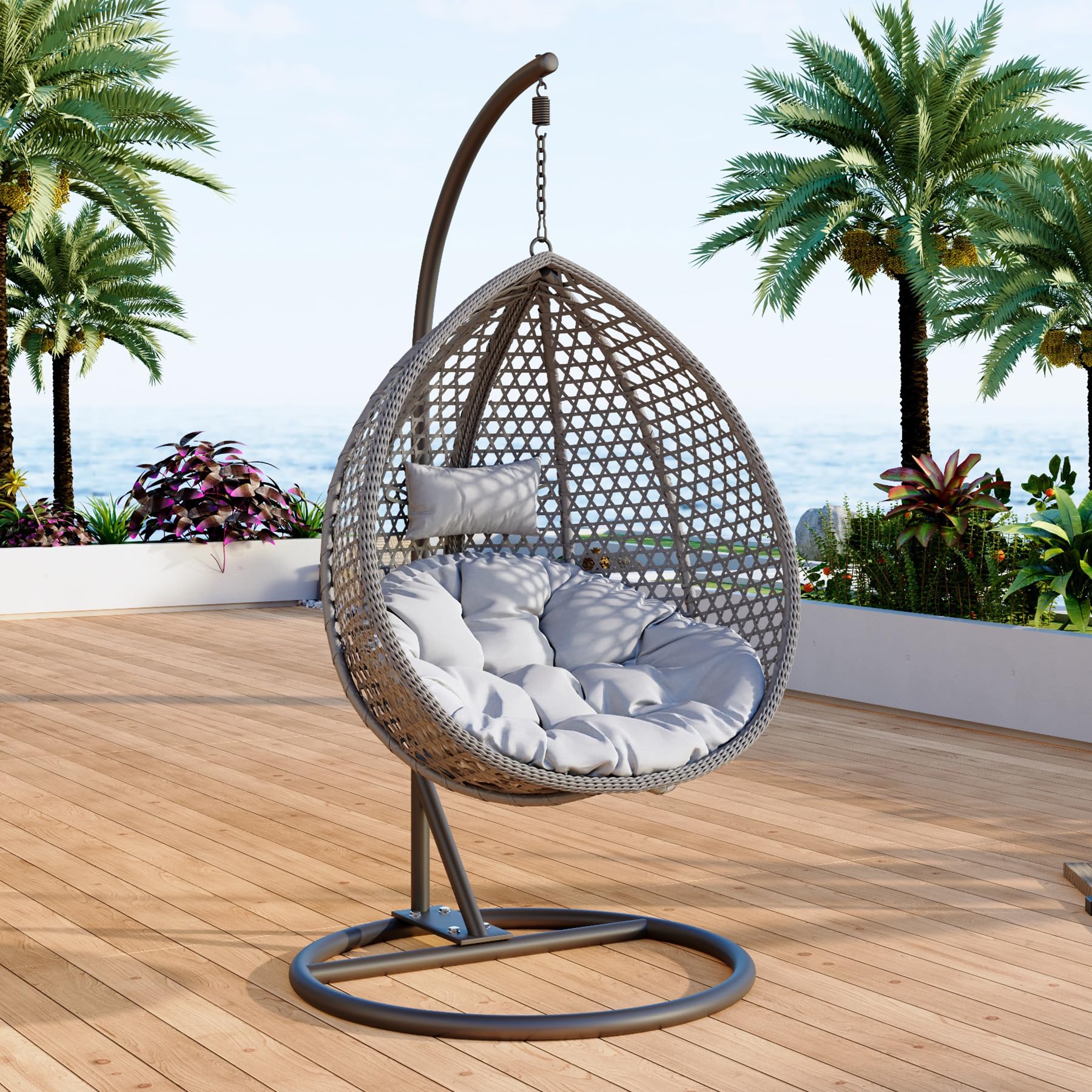Egg Swing Chair Outdoor with Stand, Indoor Hanging Egg Chair, Rattan Basket Chair with Cushion and Pillow