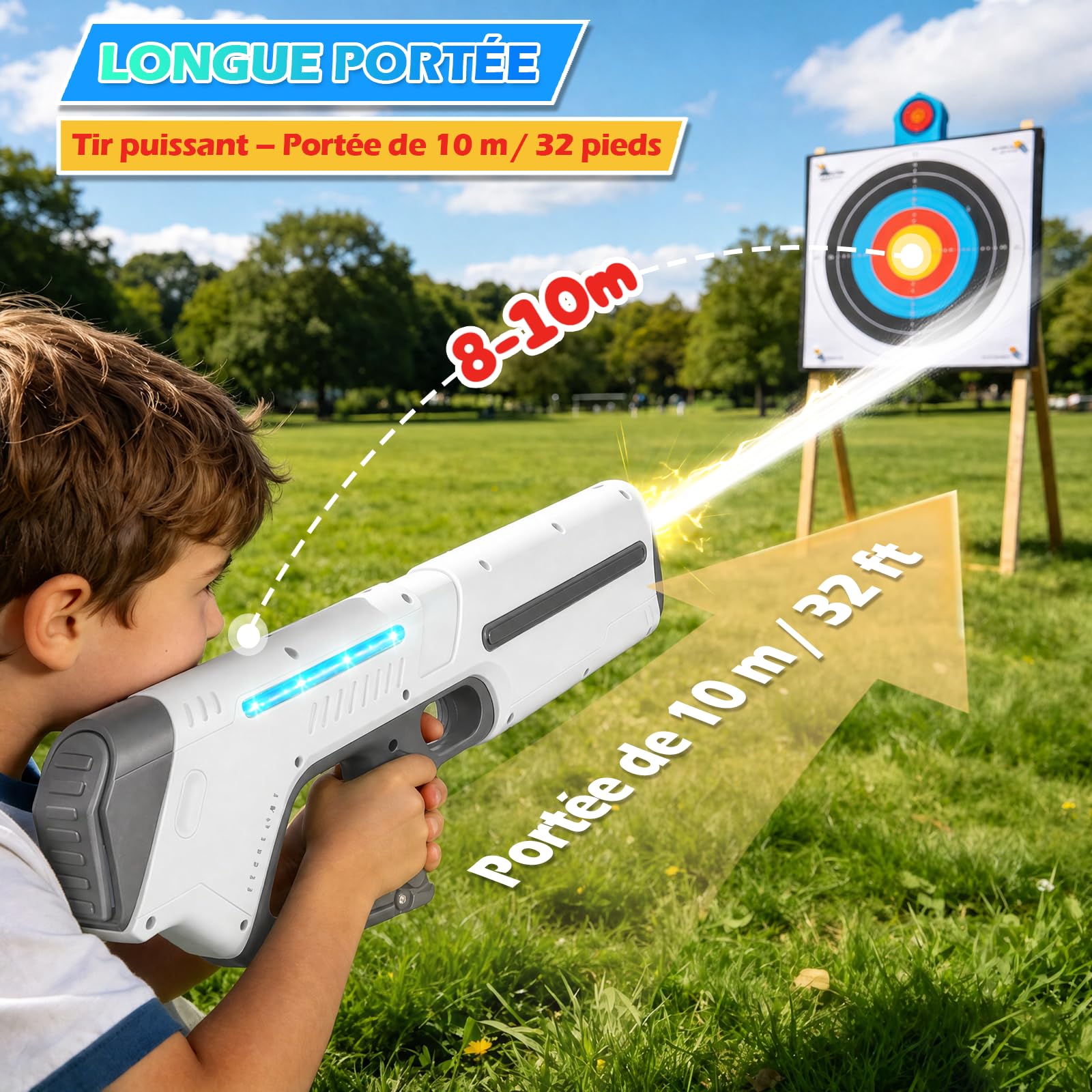 Pistolet a Eau Electrique, Pistolet à Eau Automatique avec Lumières LED, Lunettes de Protection et Fonction de Remplissage Automatique, Pistolets Rechargeable pour Plage en Été (Blanc)