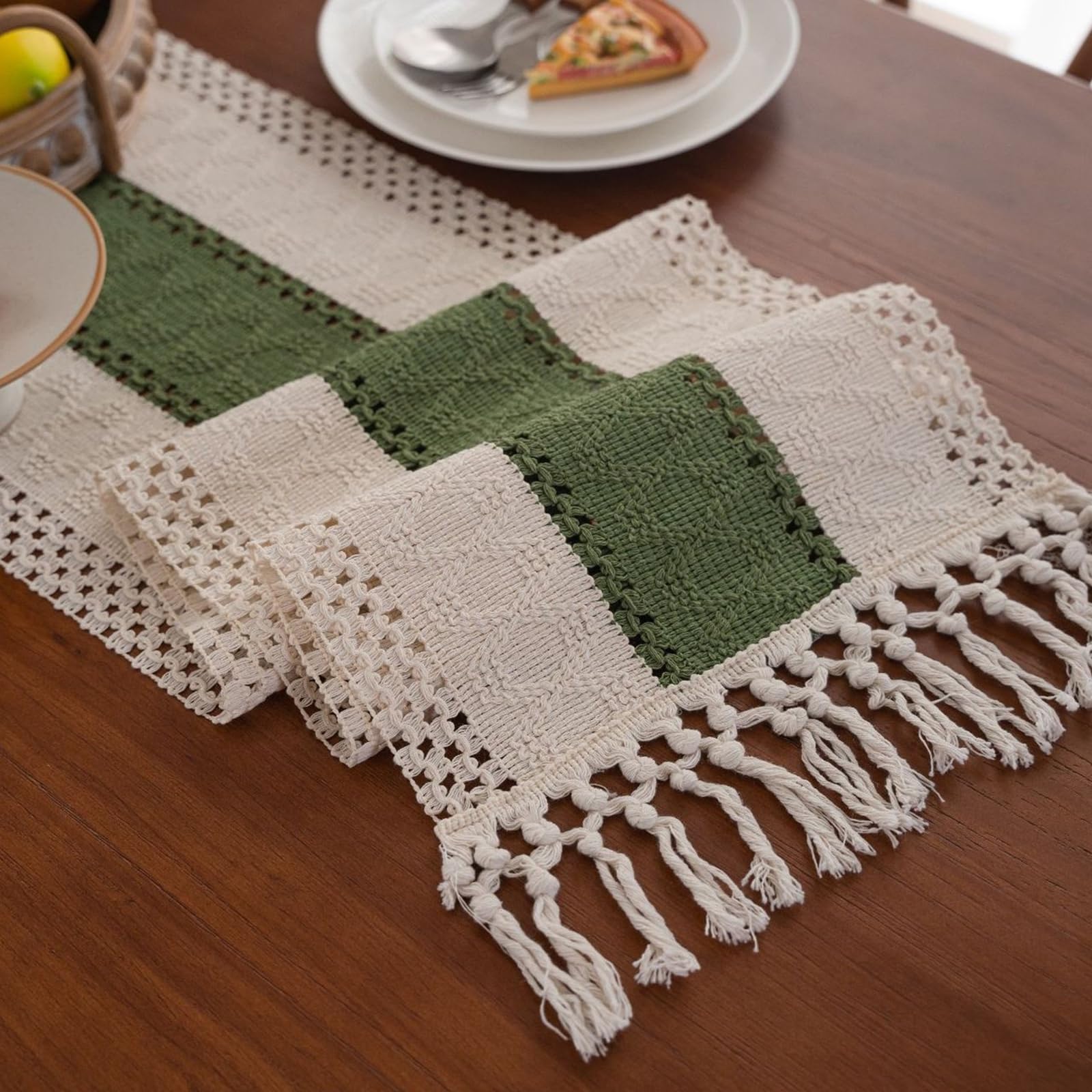 Tischläufer Polybaumwolle Modern, Tischläufer Wohnzimmer 33x220 cm, Zweifarbig Grüne Häkel mit Quasten