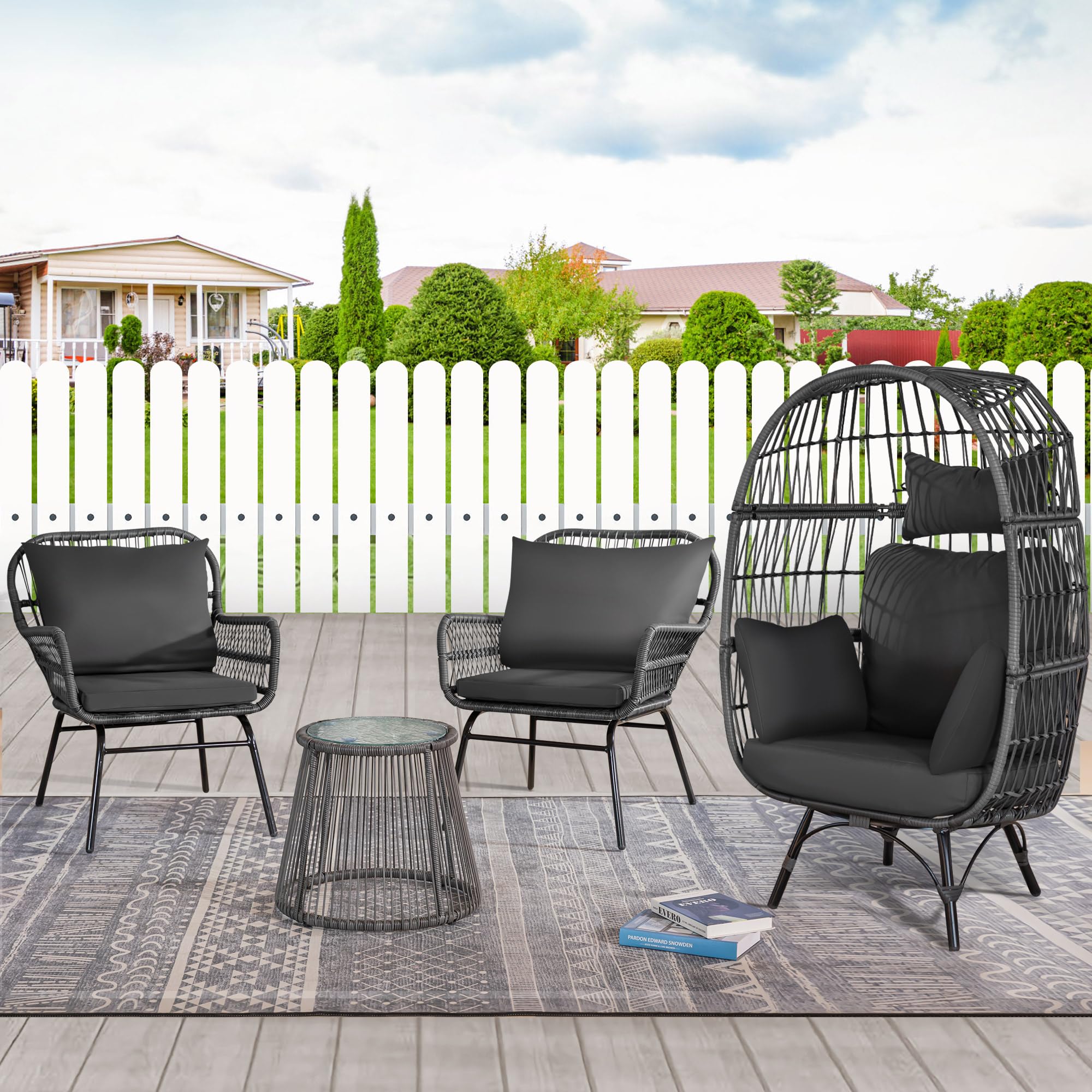 NICESOUL3 Seats Outdoor Chair Set Round Table Oversized Stationary Egg Chair Boho Style Handwoven PE Wicker Patio Conversation Large Egg Backyard Pool Grey Wicker 4 Pieces Set