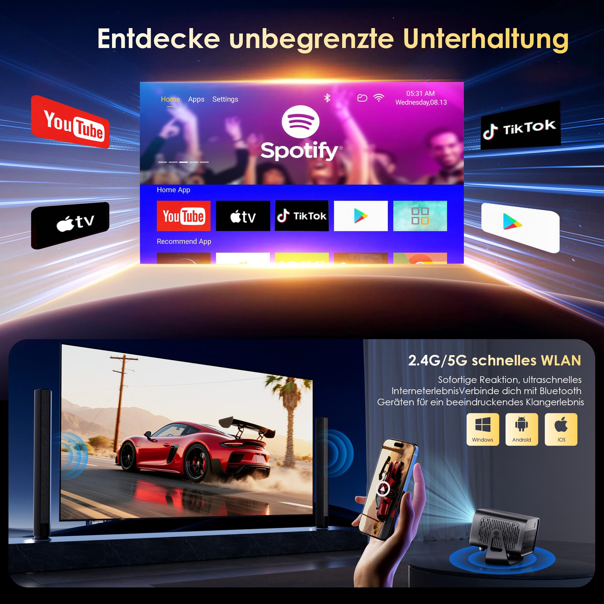 Mini Beamer 4K Smart Beamer【Offizielle App】mit Full HD 1080P, 1000 Lumen, Autofokus und Trapezkorrektur, 360°-Drehung, WiFi und Bluetooth,für Handy HDMI, TV-Stick,Tragbarer/Heimkinoprojektor