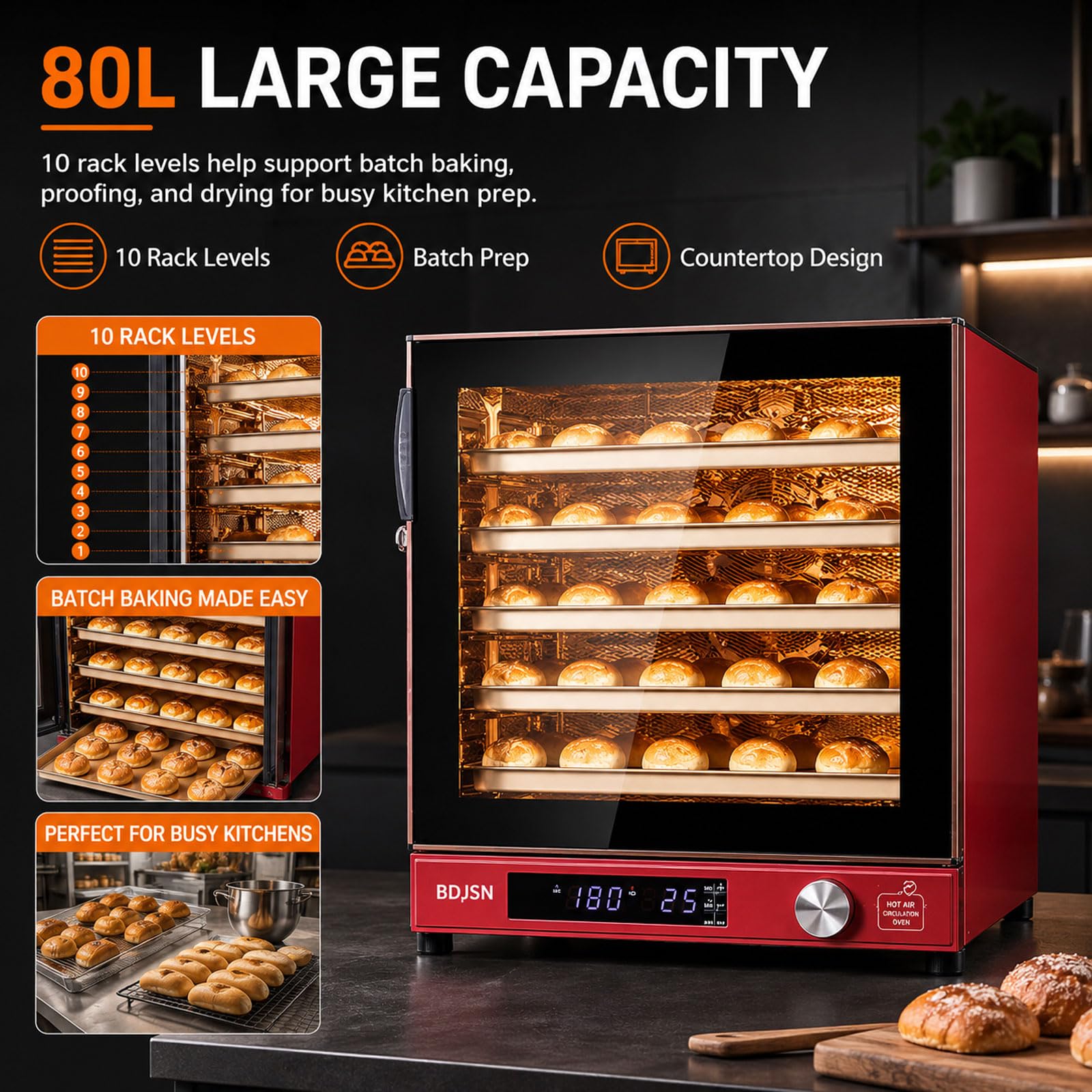 Four À Convection Professionnel 80 L, 10 Niveaux Pour Cuisson, Fermentation Et Séchage, Air Chaud À Double Ventilateur, 25–260 °c, Minuterie 999 Min, 2800 W, Pour Pain, Gâteaux, Pâtisseries