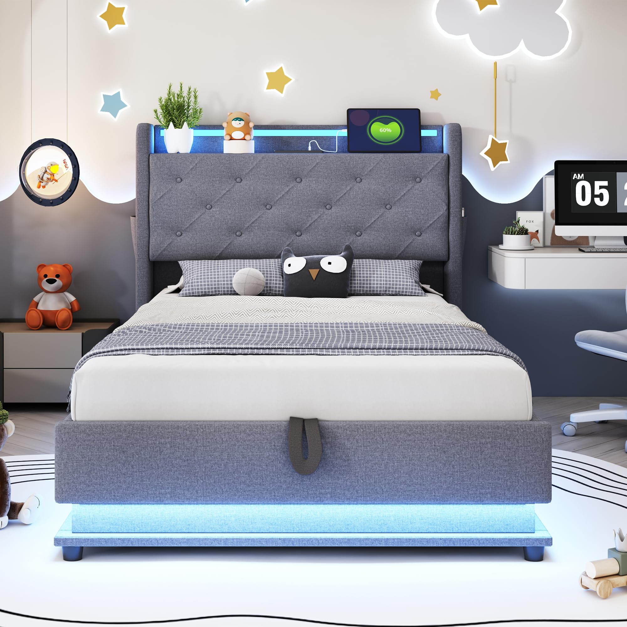 Letto Imbottito 90x200 cm, Letto Singolo per Bambini con LED Luci e USB Porta, Modern Struttura del Letti Idraulico con Contenitore Testiera, Tasca e Rete a Doghe, Lino,Senza Materasso (Grigio)