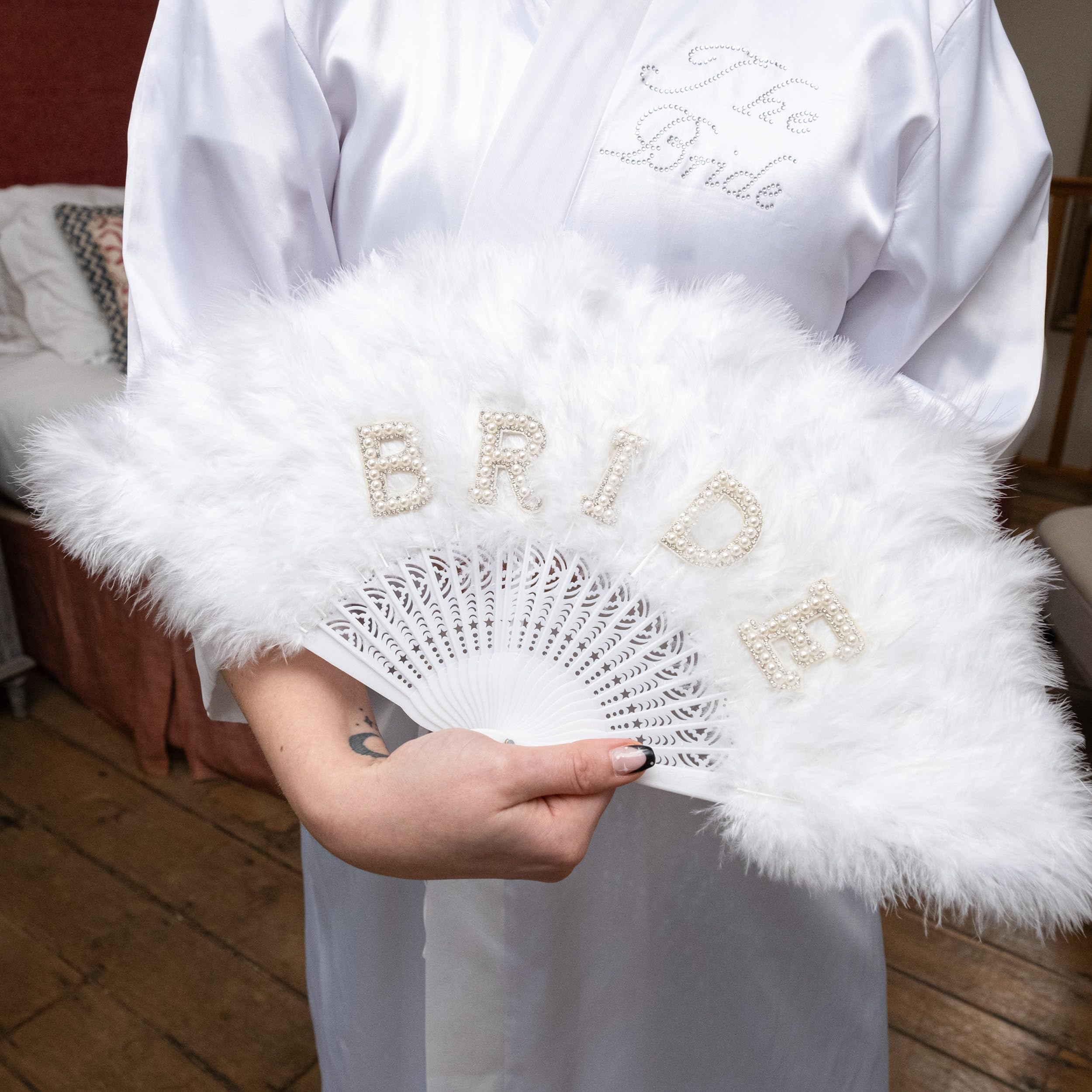 TRIXES BRIDE Ventaglio di piume portatile - Regalo per la sposa, addio al nubilato - Regalo per addio al nubilato