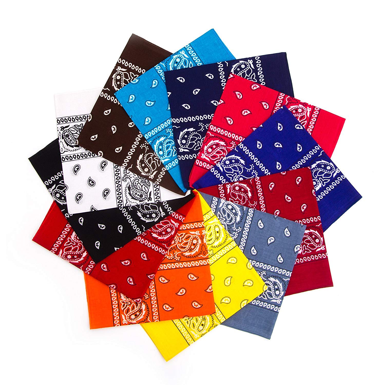 FABSELLER 12 Pack Cotton Bandanas Unisex Print Head Scarf Cowboy Bandana Headbands Square Handkerchief for Men Women, 12 Pack Mixed Color