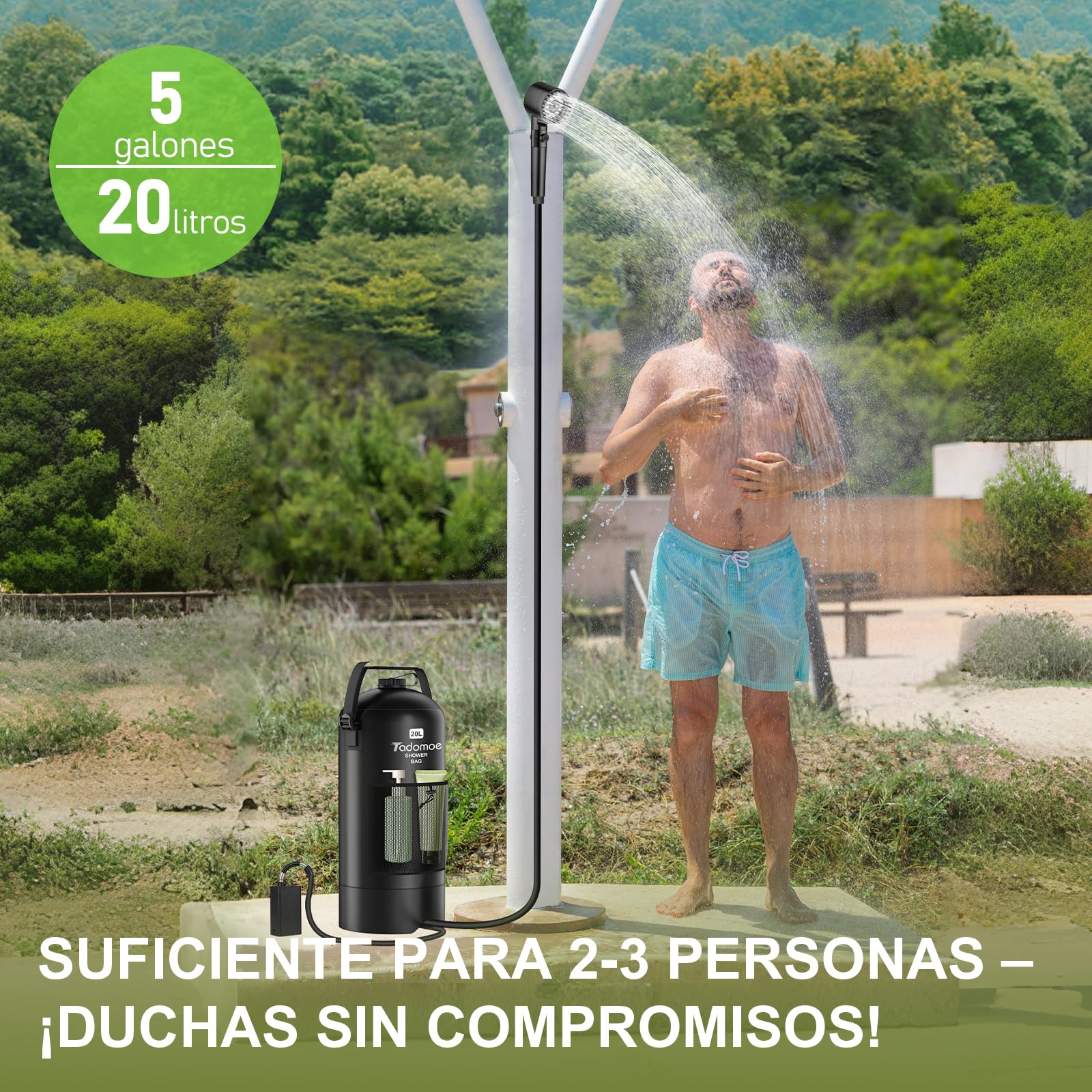 Ducha Portatil, Ducha Camper 5 Galones/20L con Bomba de Ducha Portátil, 2000mAh Bolsa Ducha Camping con Boquilla Práctica para Camping, Senderismo y Playa