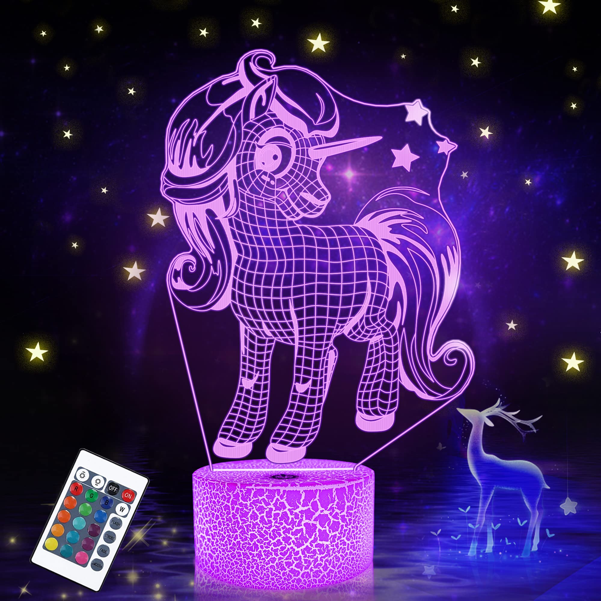 Attivolife Einhorn 3D Lampe für Mädchen, Optisches Nachtlicht mit Fernbedienung + Timer 16 Farbwechsel Schreibtisch Fee Schlafzimmer Dekor Beste Festival Geburtstagsgeschenke für Kind Kleinkind