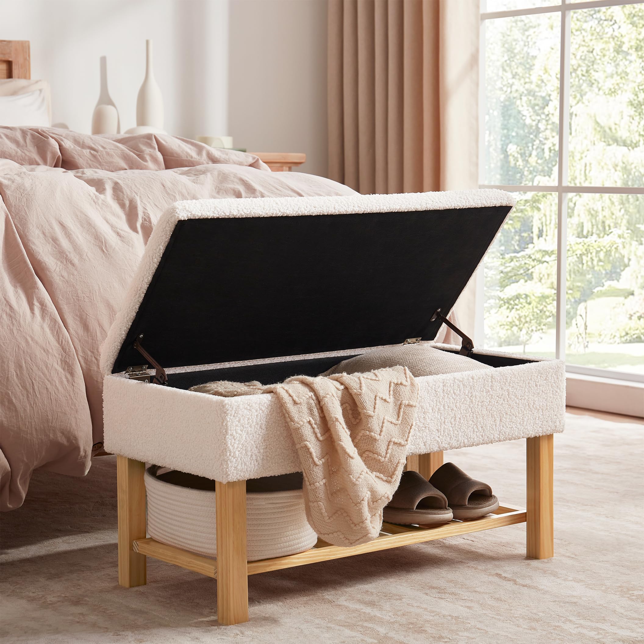 Ottoman Storage Bench with Seating, Entryway Storage Bench, End of Bed Bench with Storage,Upholstered Storage Bench for Entryway, Living Room (Cream White)