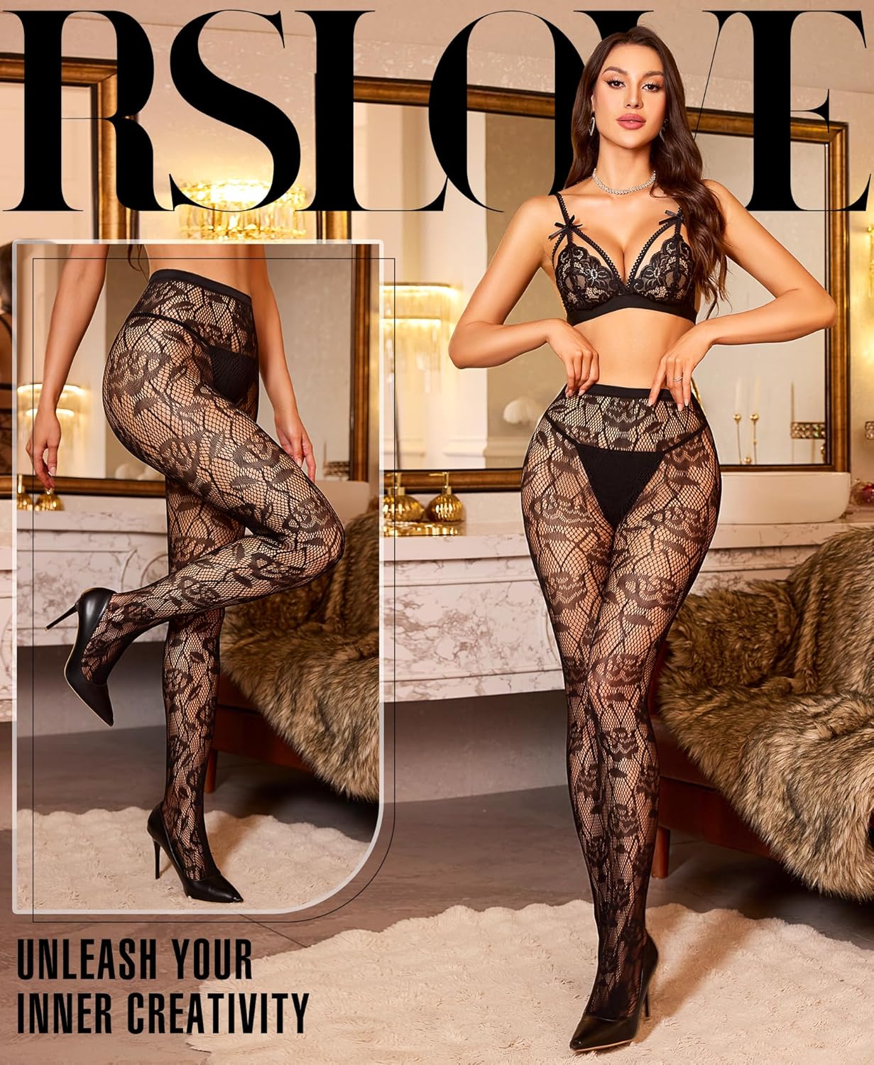 RSLOVE Women’s Patterned Fishnet Tights — Floral Lace Pantyhose Sexy Fashion Stockings One Size - Image 2