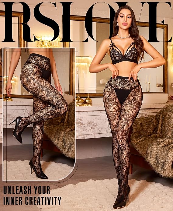 RSLOVE Womens Patterned Fishnet Tights Floral Lace Pantyhose Sexy Fashion Stockings One Size