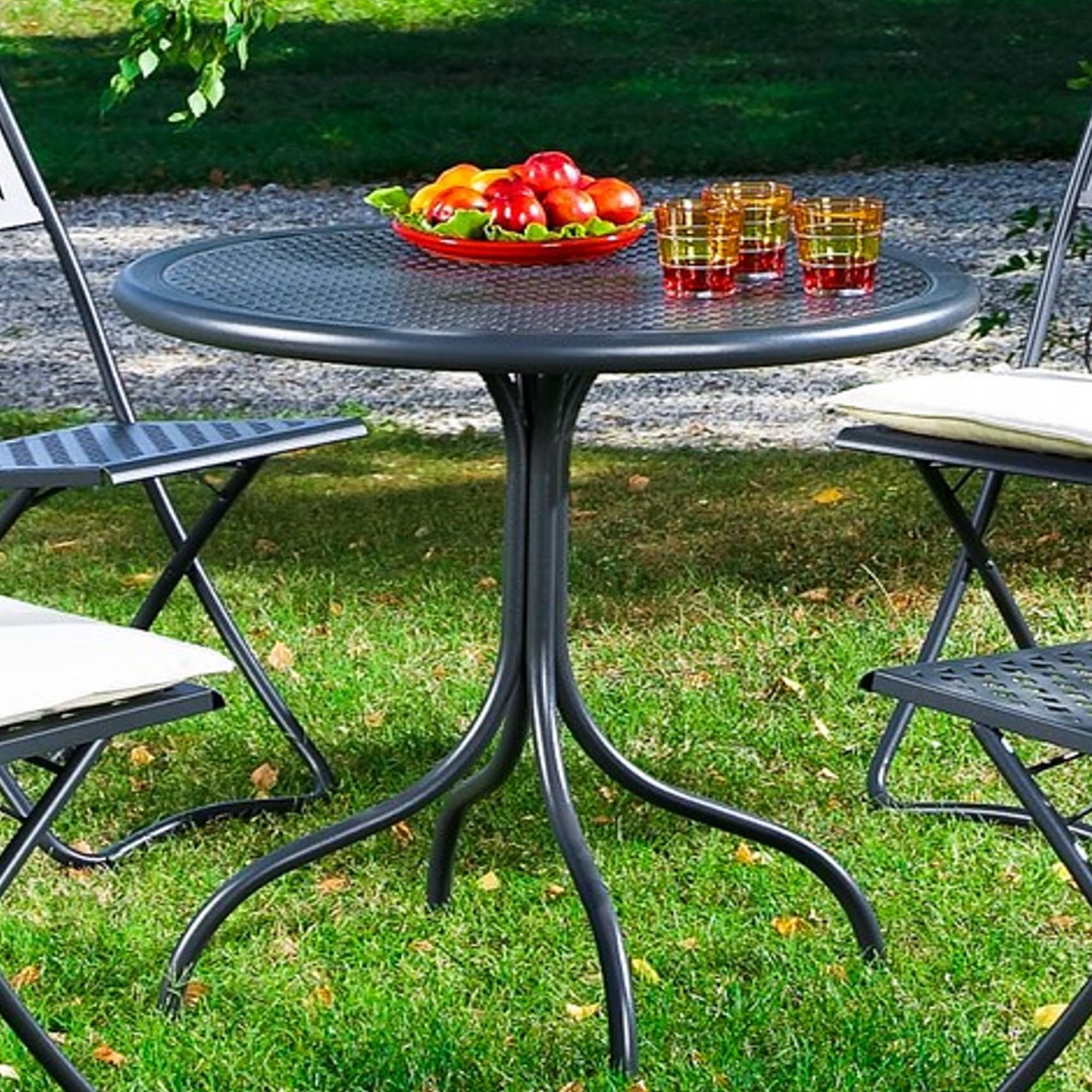 RD ITALIA Mesa redonda de jardín de metal, tablero de chapa con decoración de rombos, diámetro 80 cm, desmontable, antracita, metal acero hierro pregalvanizado, producción propia italiana