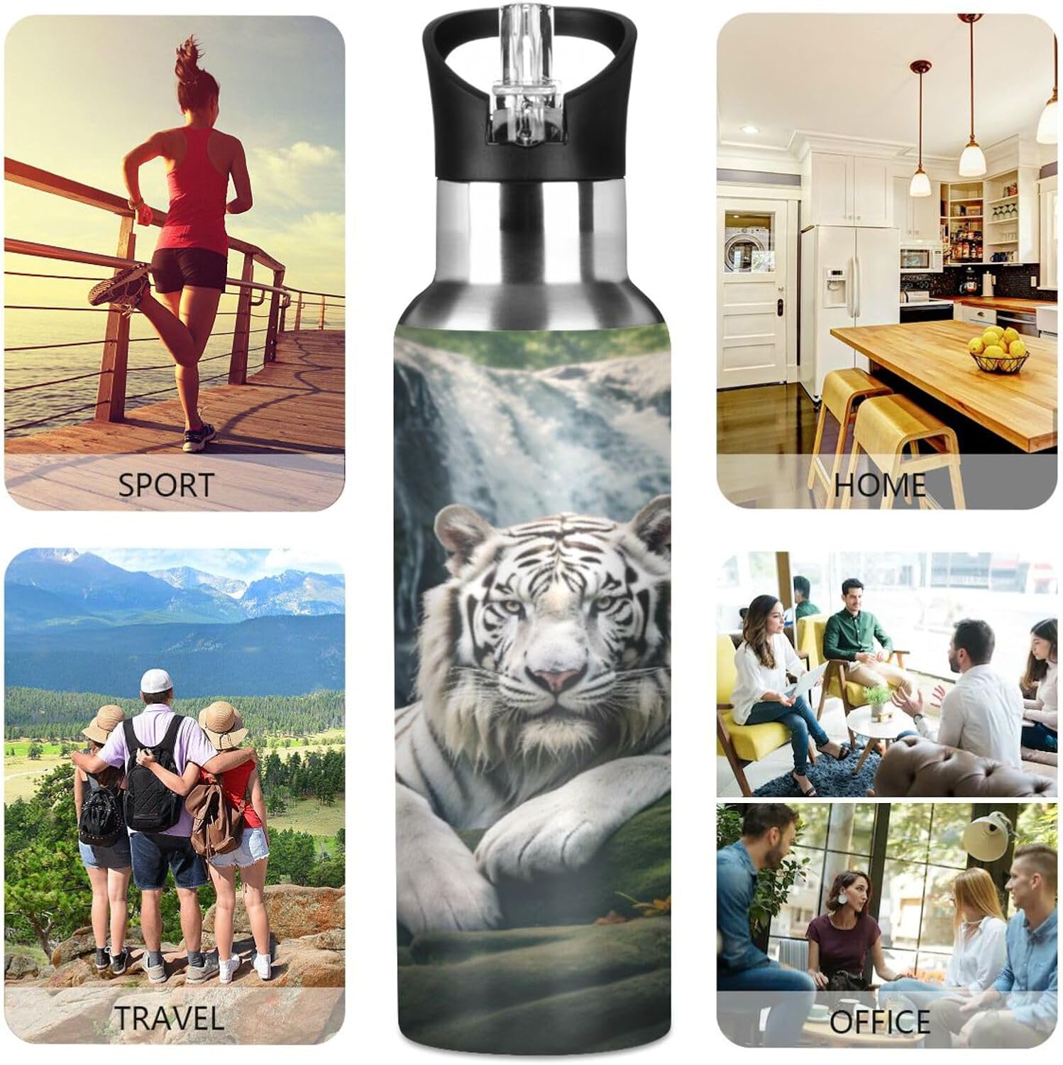 ALAZA White Tiger and Waterfall Water Bottle with Straw Lid Vacuum Insulated Stainless Steel Thermo Flask Water Bottle 20oz