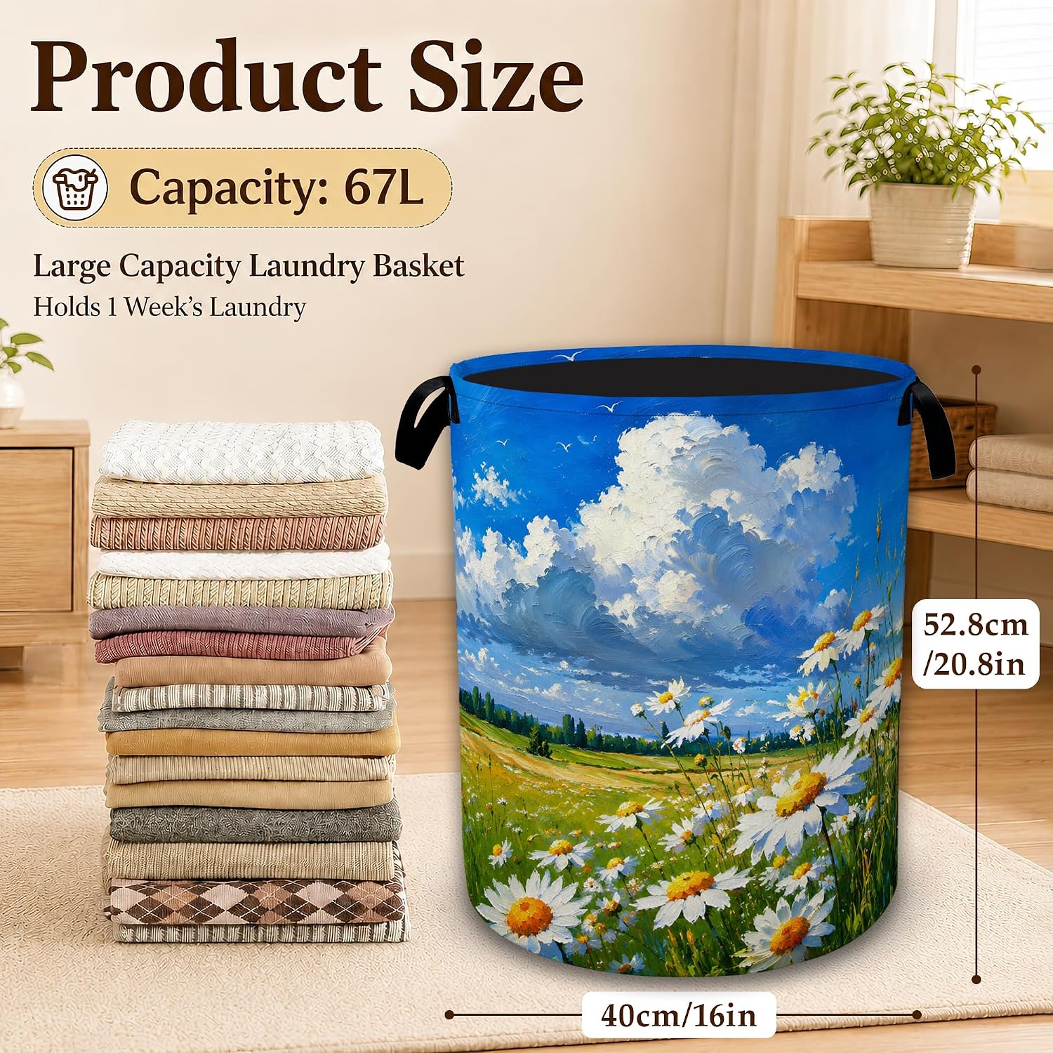 Sunny Daisy Meadow Laundry Basket with Handles, Foldable Tall Oxford Clothes Hamper, Lightweight Water-Resistant Storage Bin for Bedroom Bathroom College Dorm, 16 x 20.8 Inch