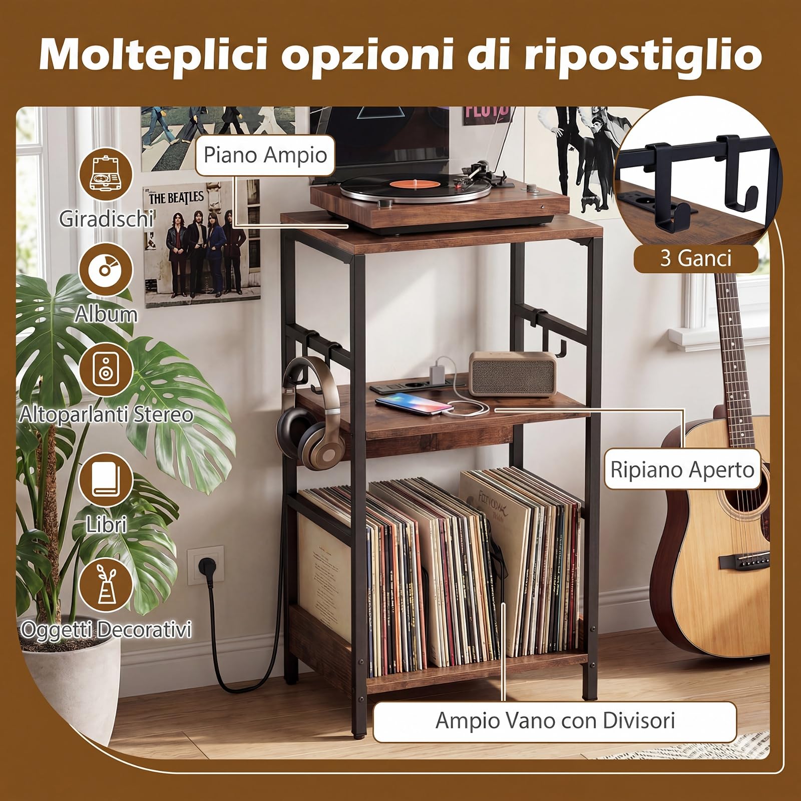 COSTWAY Supporto per Giradischi a 3 Livelli, Mobile Porta Giradischi in Legno con Stazione di Ricarica e 3 Ganci, Scaffale per Dischi Industriale per Soggiorno e Camera da Letto, 40 x 30 x 78 cm