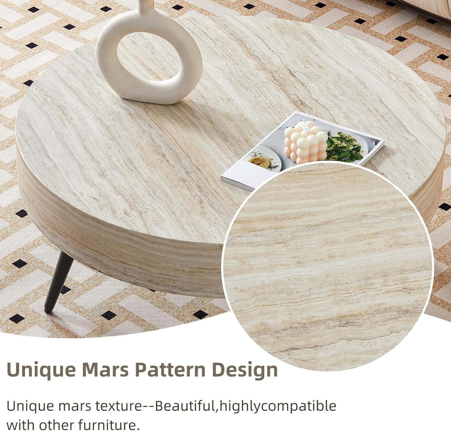 Round Coffee Table, Small Wood Stone Coffee Table with Storage, Modern Mid Century Circle Tables Accent Center Tables for Living Room Apartment Small Space (31.5''D-Stone Travertine Pattern)