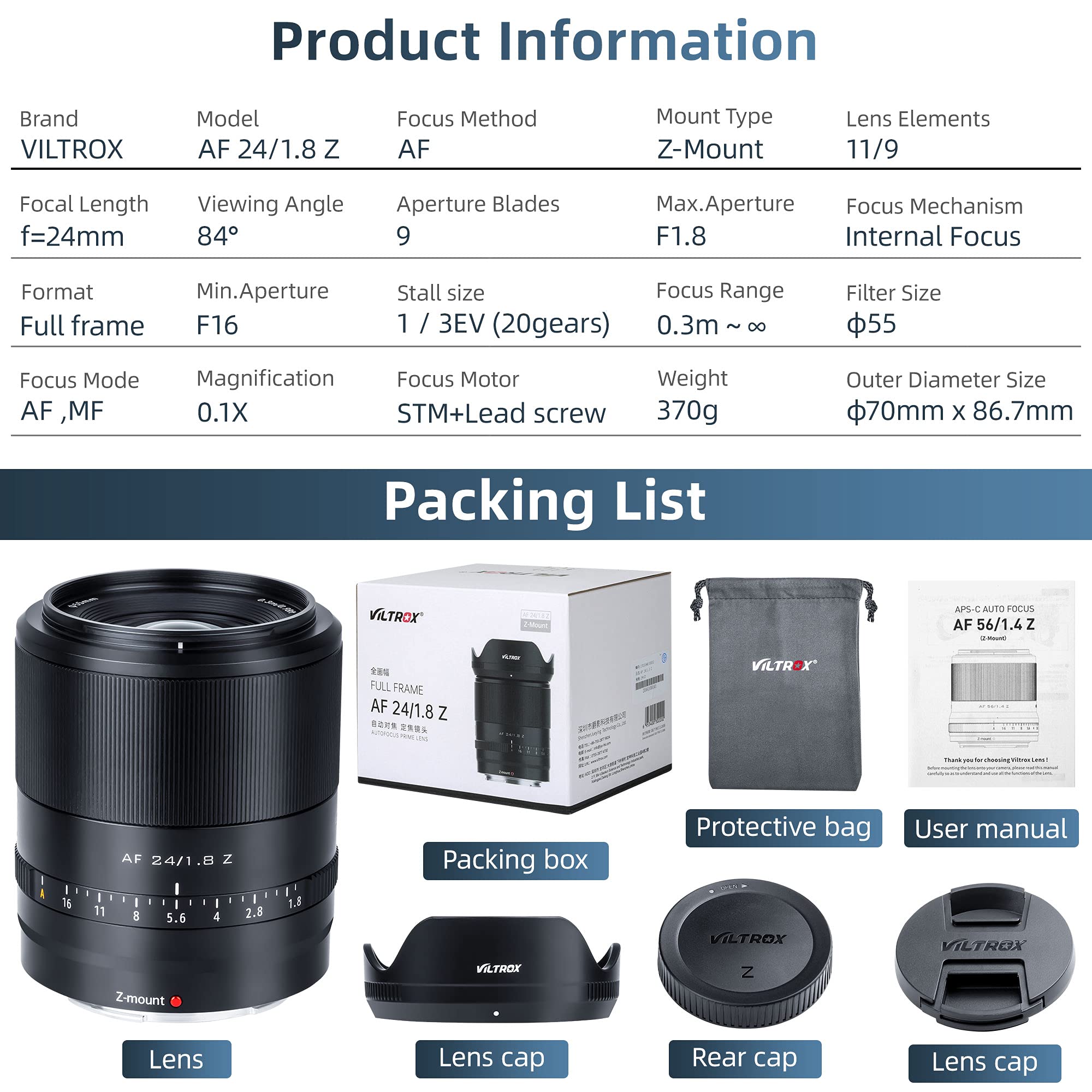 VILTROX 24mm F1.8 Montura Z Objetivo Full Frame Gran Angular para Nikon Z-Mount Cámara Z7 II Z6 II Z5 Z6 Z7 Z50((STM, Enfoque automático), Negro