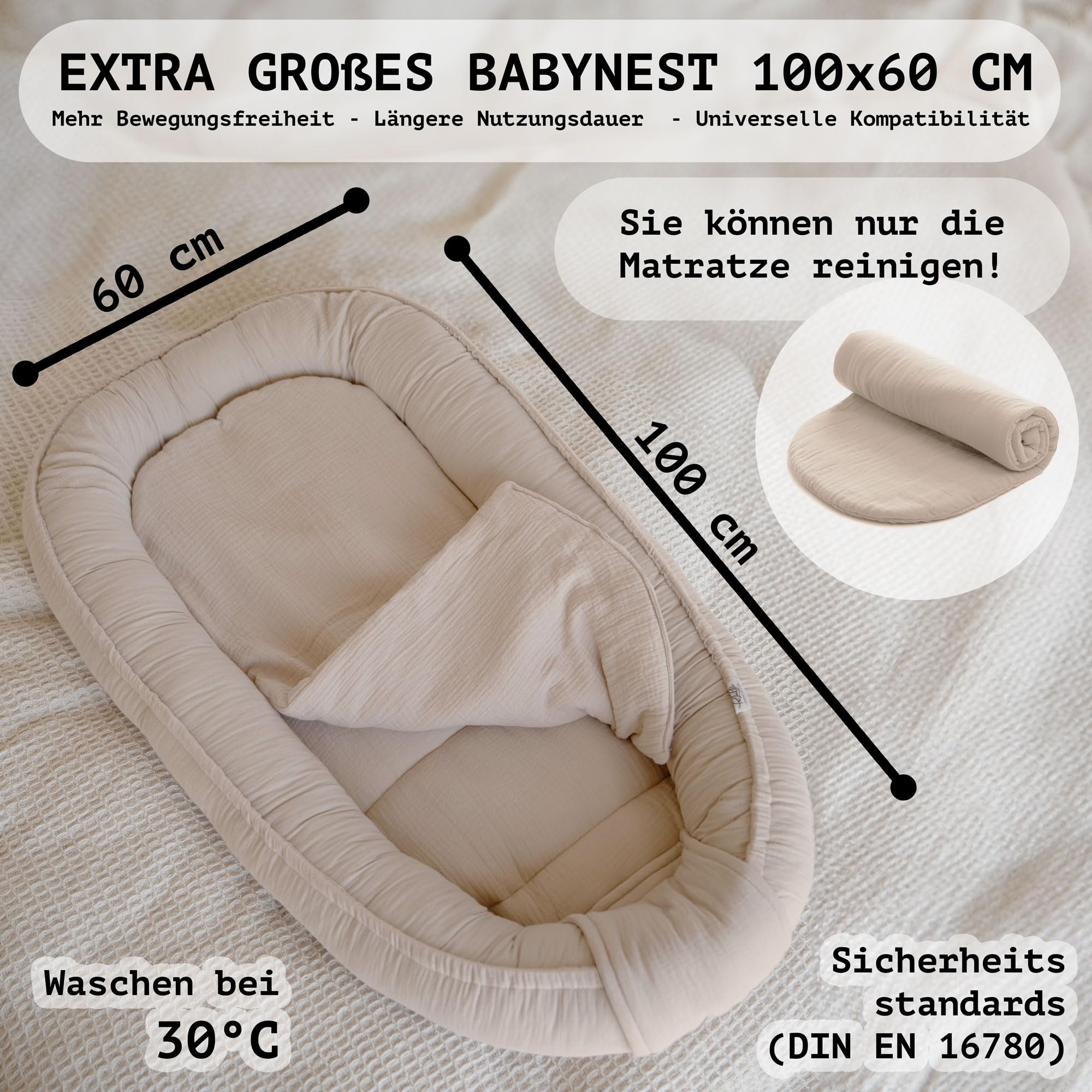 PALULLI® Ochraniacze dla niemowląt, 100 x 60 cm, miękkie muślinowe gniazdo z materacem, gniazdem, kokonem, łóżeczkiem podróżne dla niemowląt, 100% bawełna
