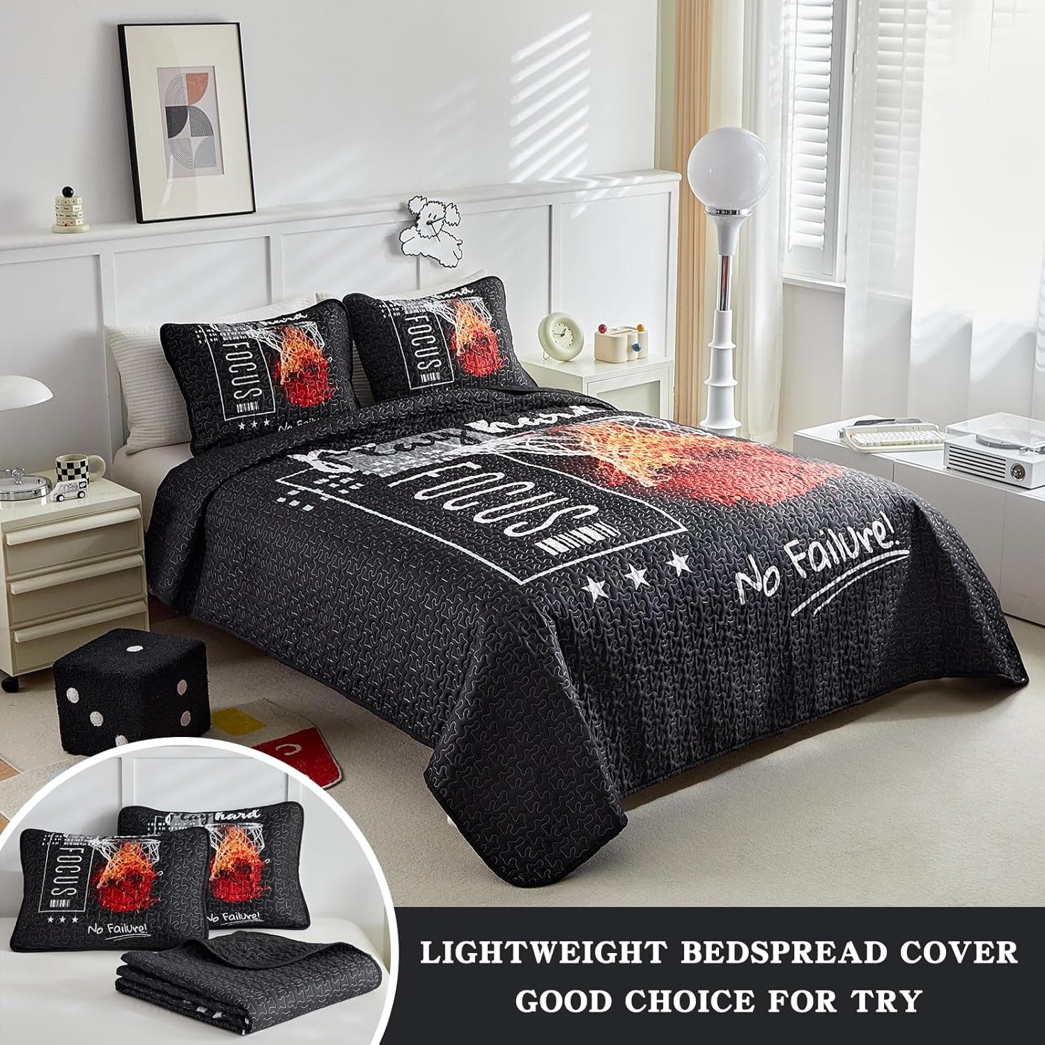 Boys Quilt Set Twin Size for Summer Hot Weather Breathable Skin Friendly Microfiber Teen Kids Quilted Bedding Bedspread Coverlet Set All Season Bed Cover Sport Black Orange Basketball