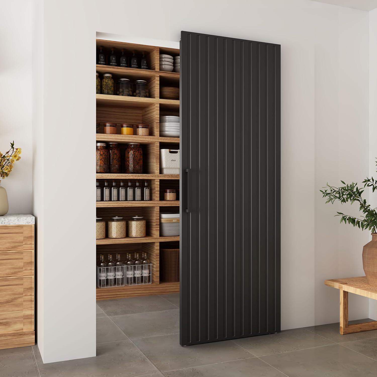 BARNSMITH 32"x86" Concealed Sliding Barn Door with Soft Close Mechanism, Black Hidden Barn Door, Waterproof Vinyl Wrapped, Fits Opening Width 24"-28", Widely Used