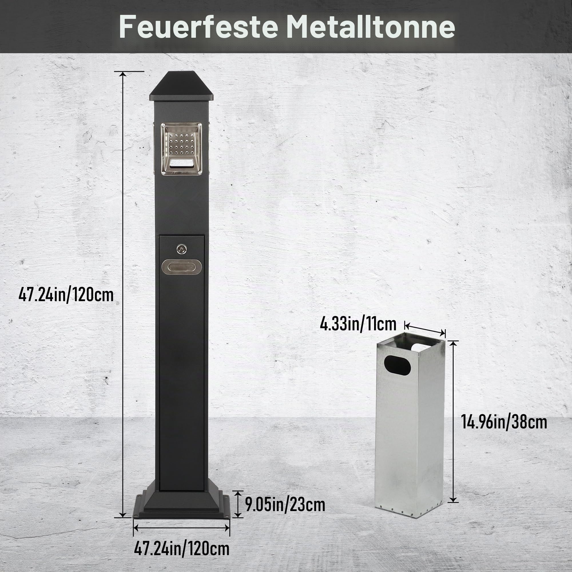 1,2 m freistehender Papierkorb mit 4 Körben, wasserdicht Mülleimer Büro aus Edelstahl mit Schlüssel, vertikaler Papiereimer, Metall trash can für Pub Hotel Restaurant Garten