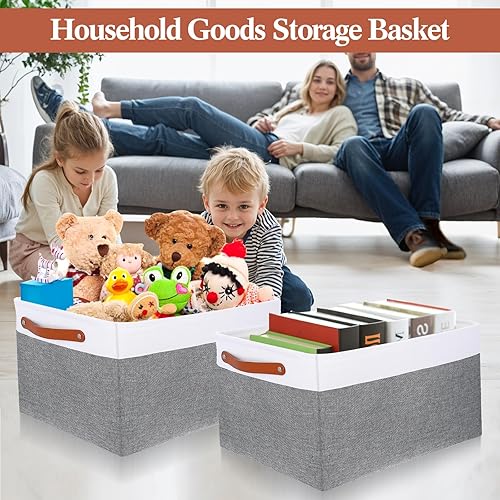 Miniatura 4 de Paquete de 4 contenedores de almacenamiento de gran capacidad para estantes, cestas de almacenamiento de armario de tela, cajas con asas de cuero