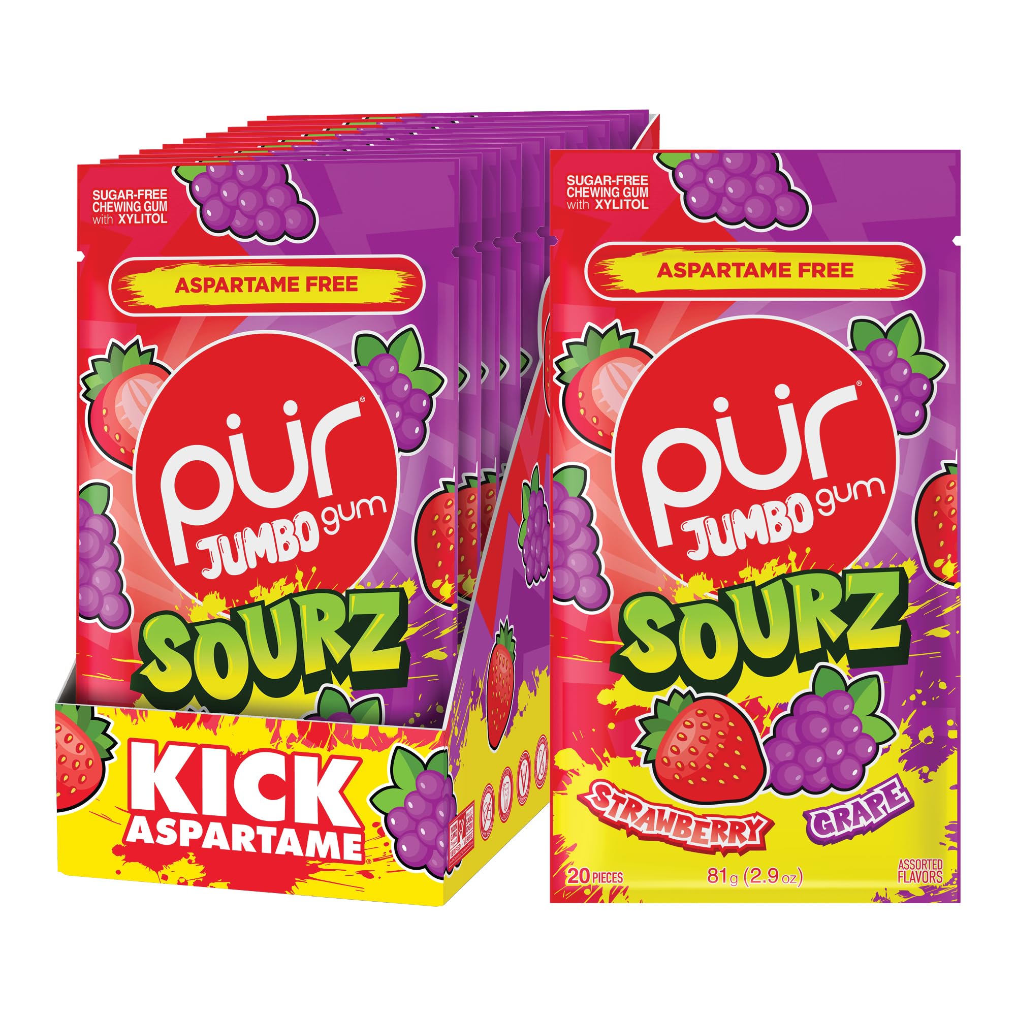 PUR Jumbo SOURZ Gum | Aspartame Free Chewing Gum | 100% Xylitol | Natural Flavor | Sour Strawberry, Sour Grape, 20 Pieces (Pack of 10)