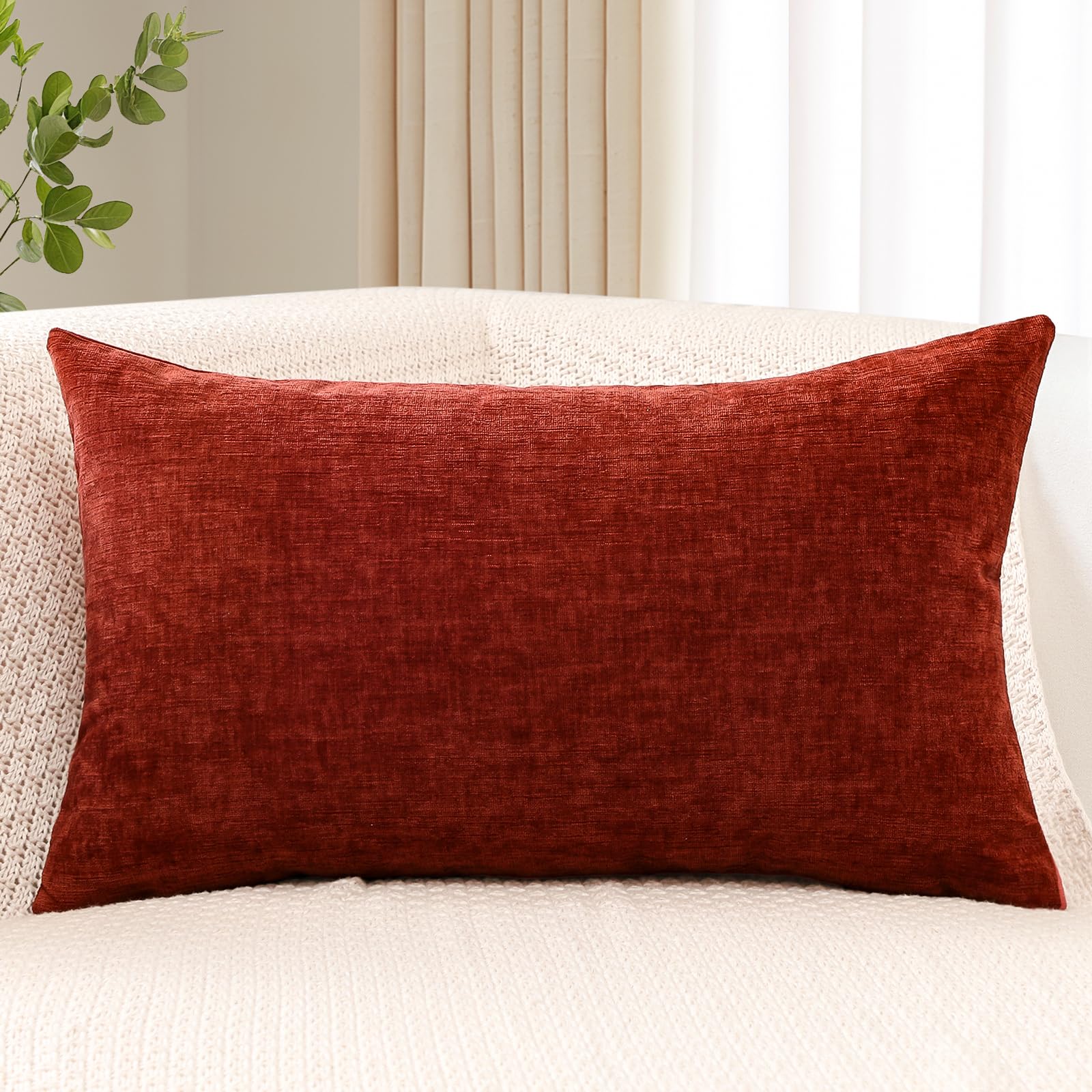 Chenille Throw Pillow Covers 12x20 Inch Soft Farmhouse Rust Decorative Pillow Covers Solid Lumbar Cushion Case for Sofa Bed Living Room Couch Home Decor Rust