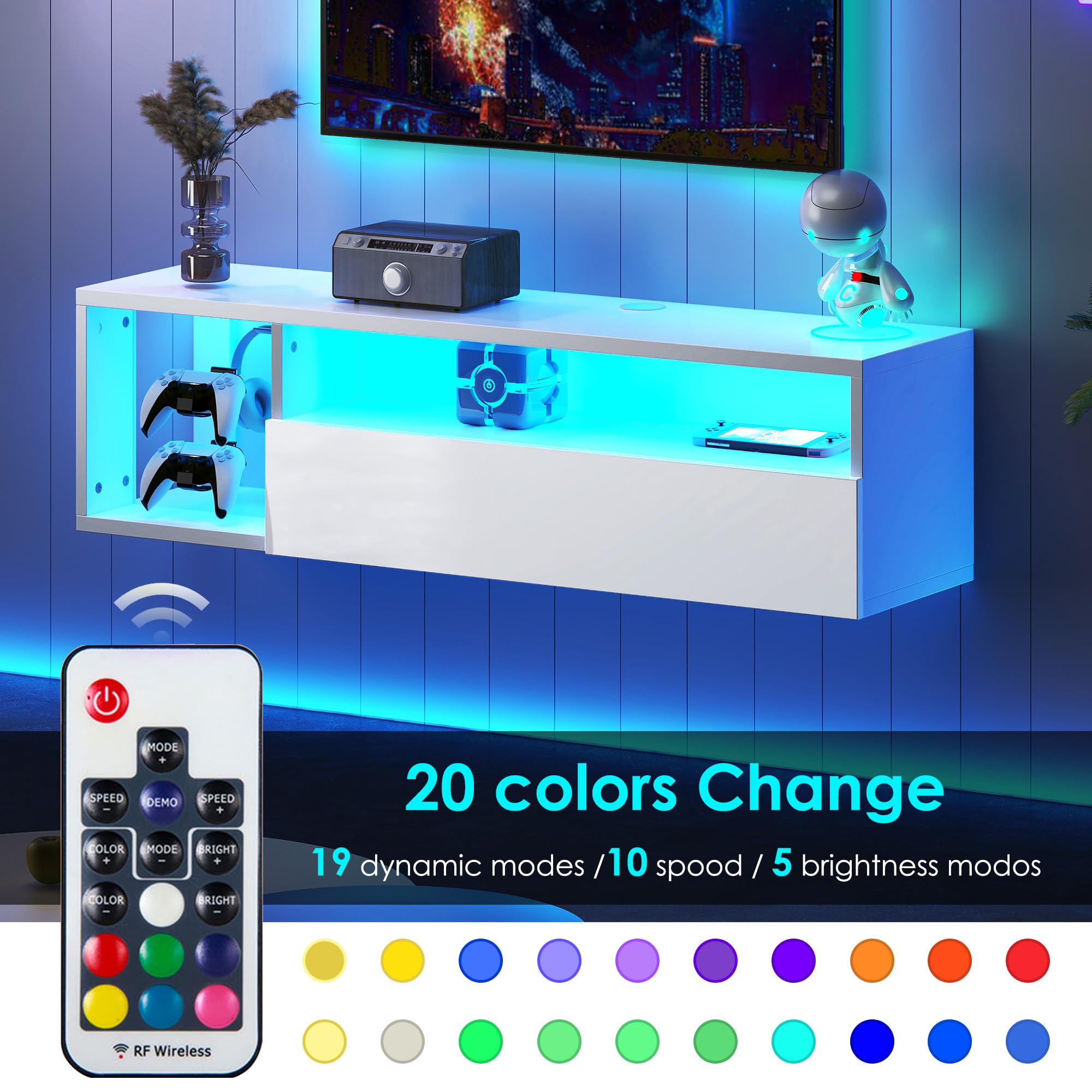 SogesPower LED TV-Konsole wandmontiert mit Beleuchtung LED TV-Ständer mit Aufbewahrung, Schwebendes Regal für Wohnzimmer & Schlafzimmer |Weiß 100x28.5x30 cm