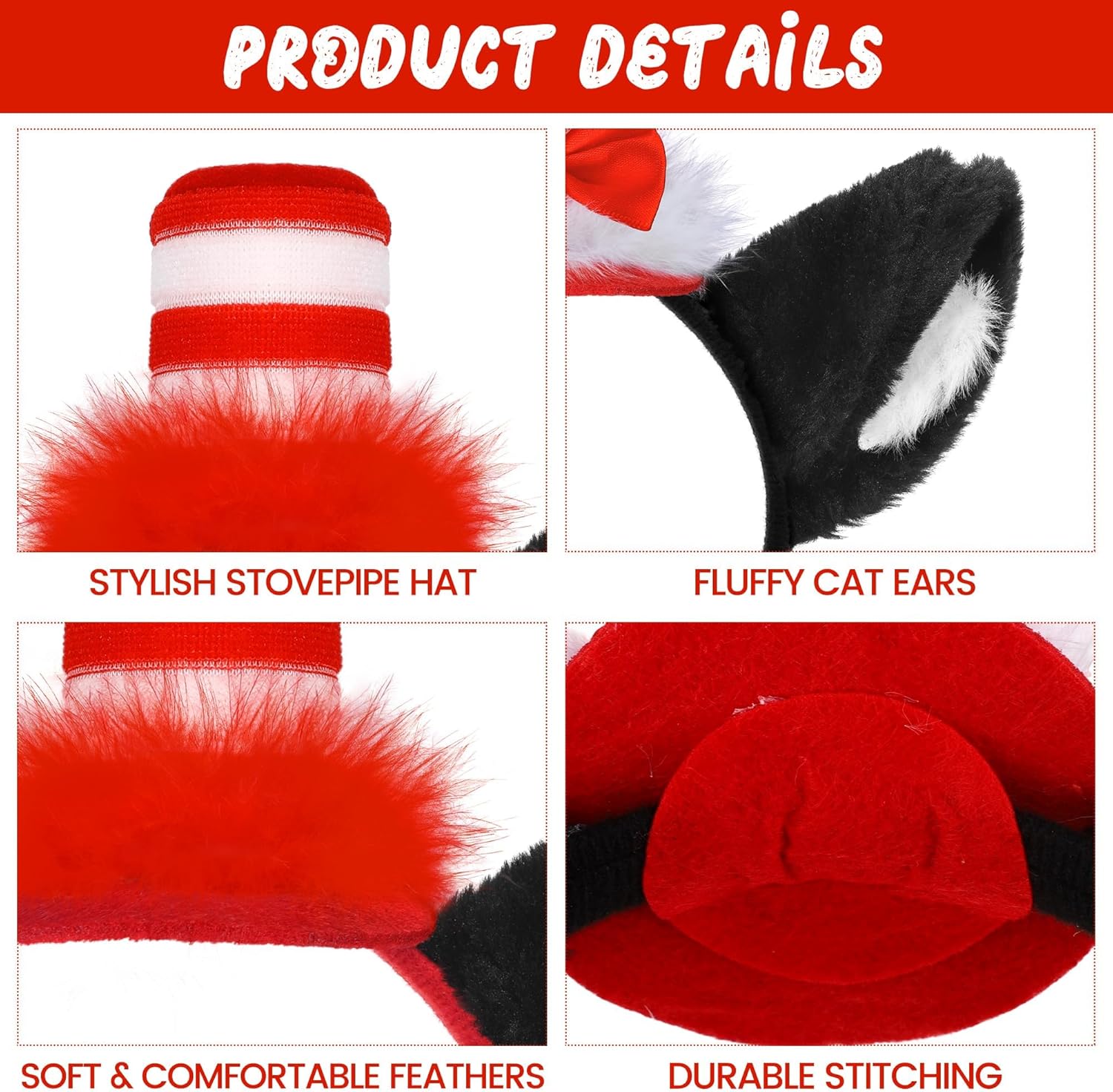 2 Pack Cat Ears Headband with Hat, Red & White Stovepipe Hat Headband with Bow Feather, Cosplay Costume Accessories for School Festivals Costume Party Supplies - Image 3