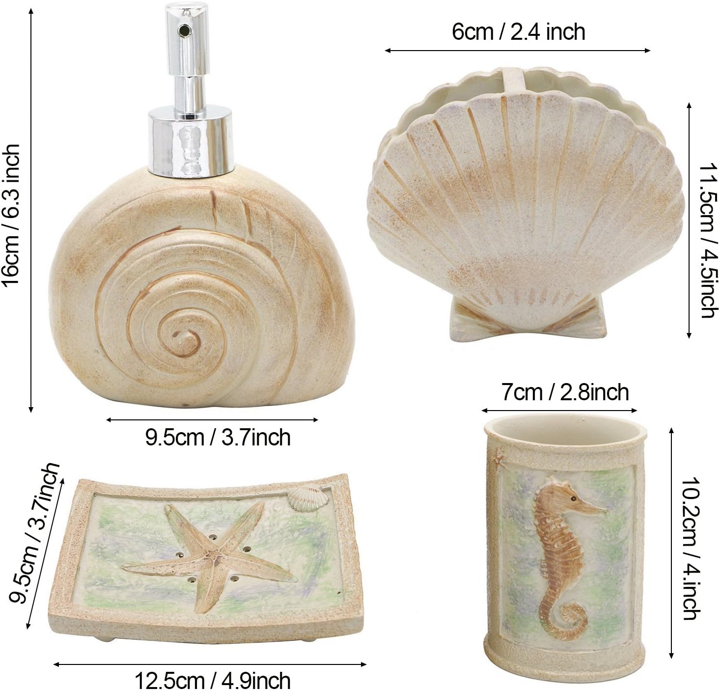 Set, 5 PCS Beach Seashells Ensemble Set Includs Soap Dispenser, Soap Dish, Tumbler, Toothbrush Holder - Ivory Polyresin Set for Home, Office, Superior Hotel