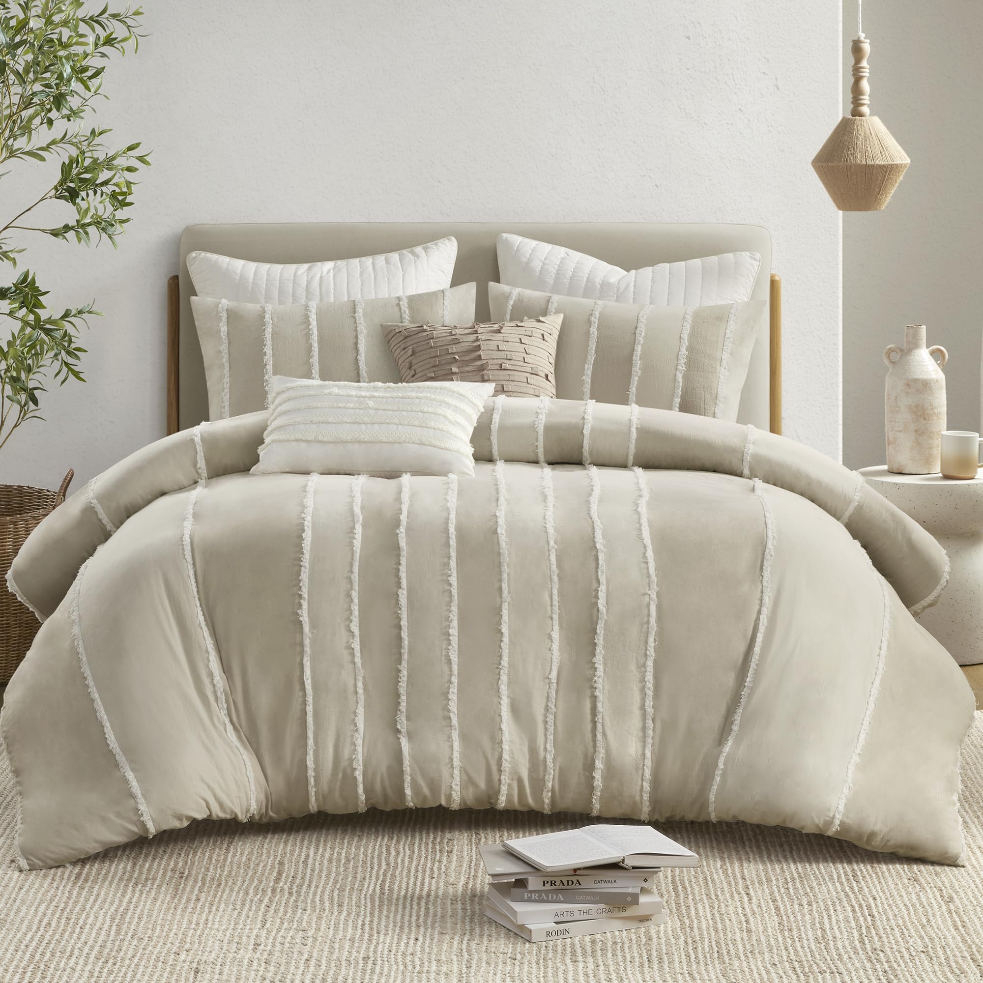 Photo 1 of Ink+Ivy King Duvet Cover Set Boho Duvet Covers Stripes, Clipped Jacquard, Cotton Duvet Cover for King Size Bed, All Season Lightweight King Bedding Cover & Shams, Shay, King/Cal King, Taupe 3 Piece
