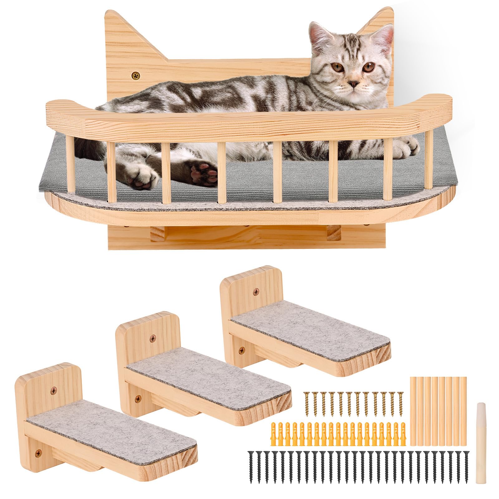 Estantería de pared para gatos, hamaca con 3 pasos, muebles de pared para gatos con cojín gris, estantes para gatos y perchas para pared, estante de escalada para gatos, árbol rascador para escalar,