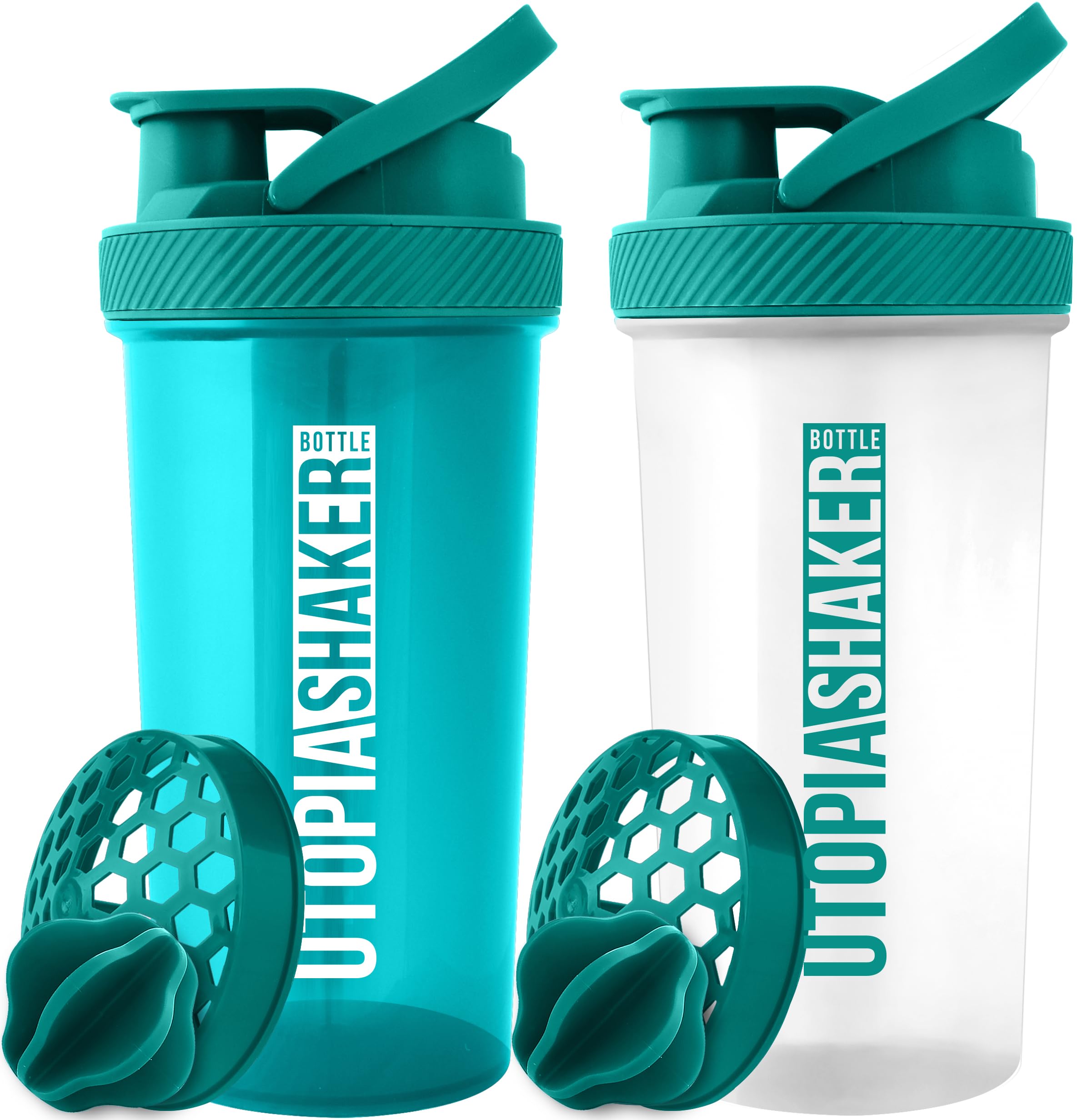 Utopia Home Protein Shaker Bottle - (Pack of 2) 28-Ounce Shaker bottles For Protein Mixes - Fitness Sports Classic Protein Mixer Shaker Bottle (Teal & Clear/Teal)