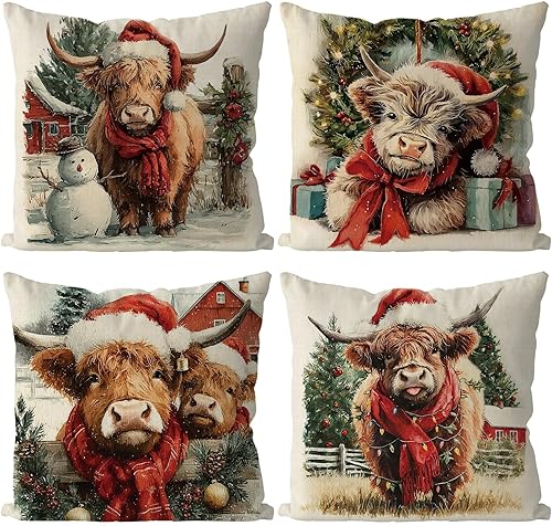 Juego de 4 fundas de almohada de Navidad con diseño de vaca de las tierras altas, estilo campestre, vintage, para el hogar, sofá, sala de estar,
