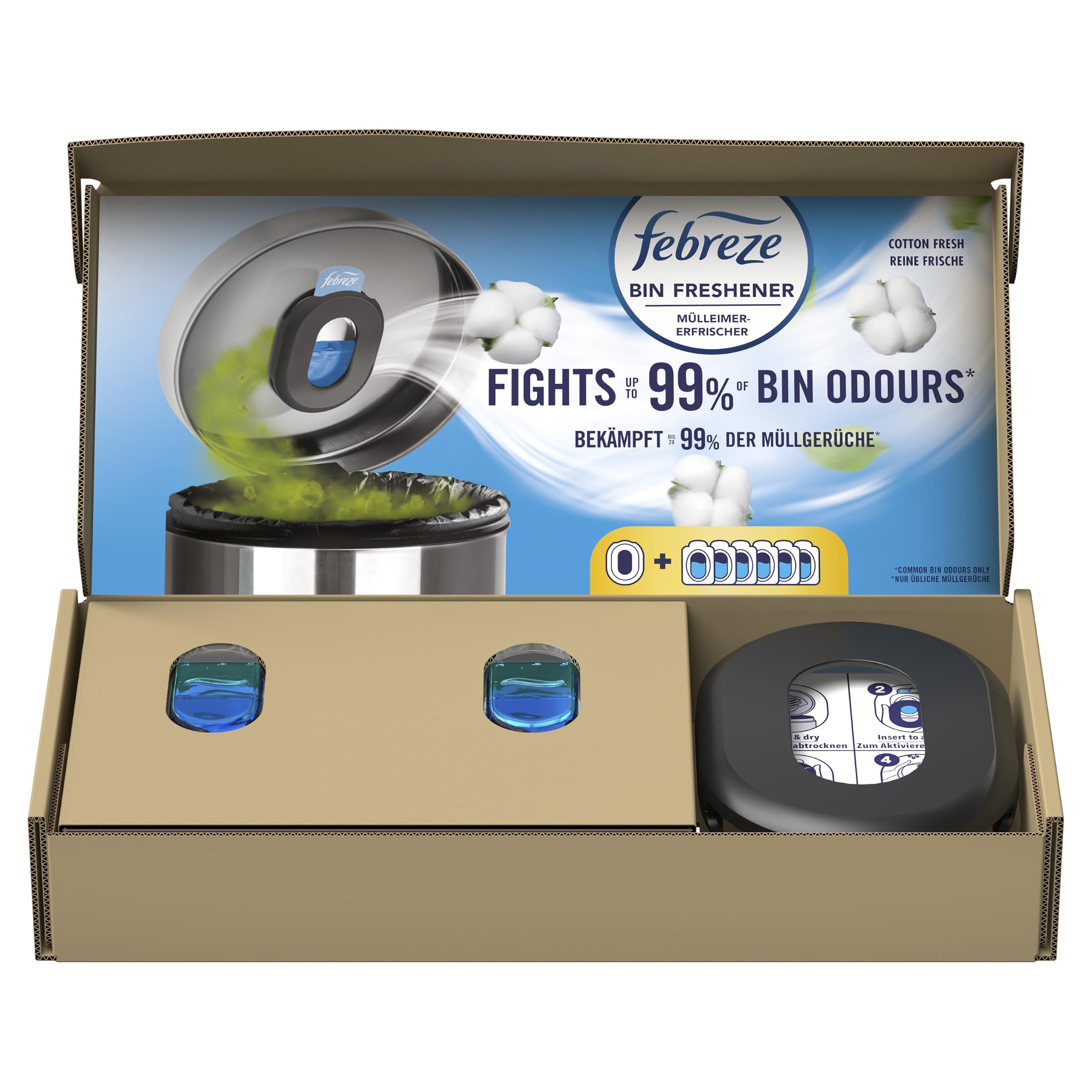 Febreze Bin Freshener Starter Kit, 1x Holder And 6x Refill, Cotton Fresh, 6x4.88ml