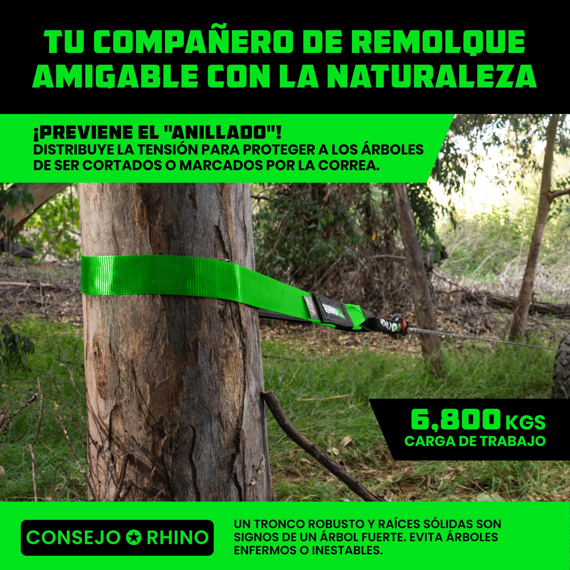 Rhino USA Cuerda de Remolque y Recuperación - Correa para Remolcar Desde Árbol 7.6 cm x 2.4 m - con Resistencia a Rotura de 13,600 kg - Extremos en Bucle Triple Refuerzo - Verde