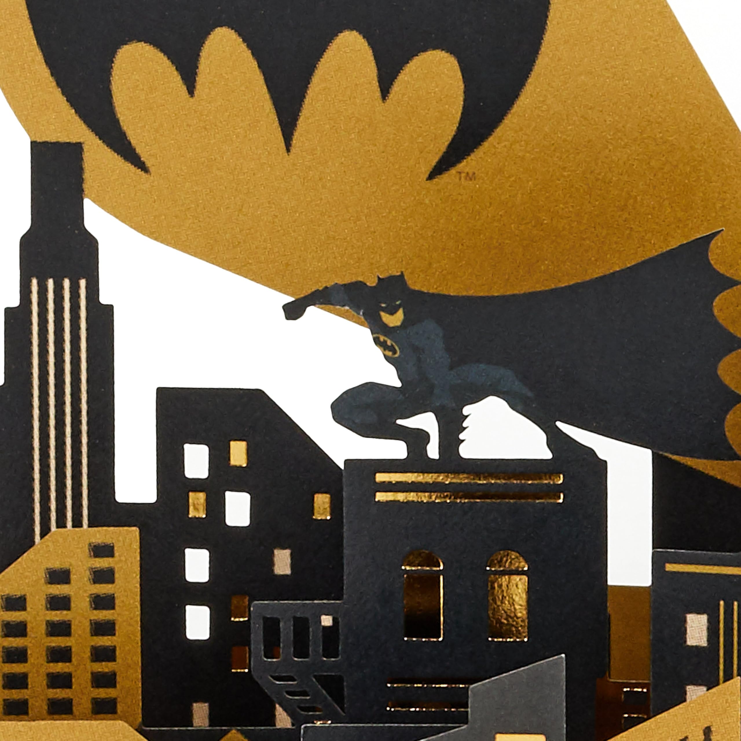 Hallmark Kartka 3D i pop-up na każdą okazję, Batman, sygnał nietoperza, projekt Gotham City, urodziny, Dzień Ojca, złoty, czarny