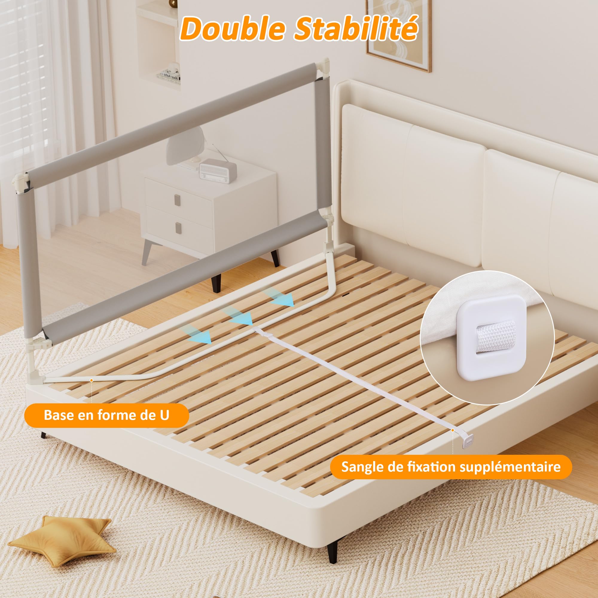 Barrière de lit enfant pliable 140cm sécurité avec élévation verticale double verrouillage