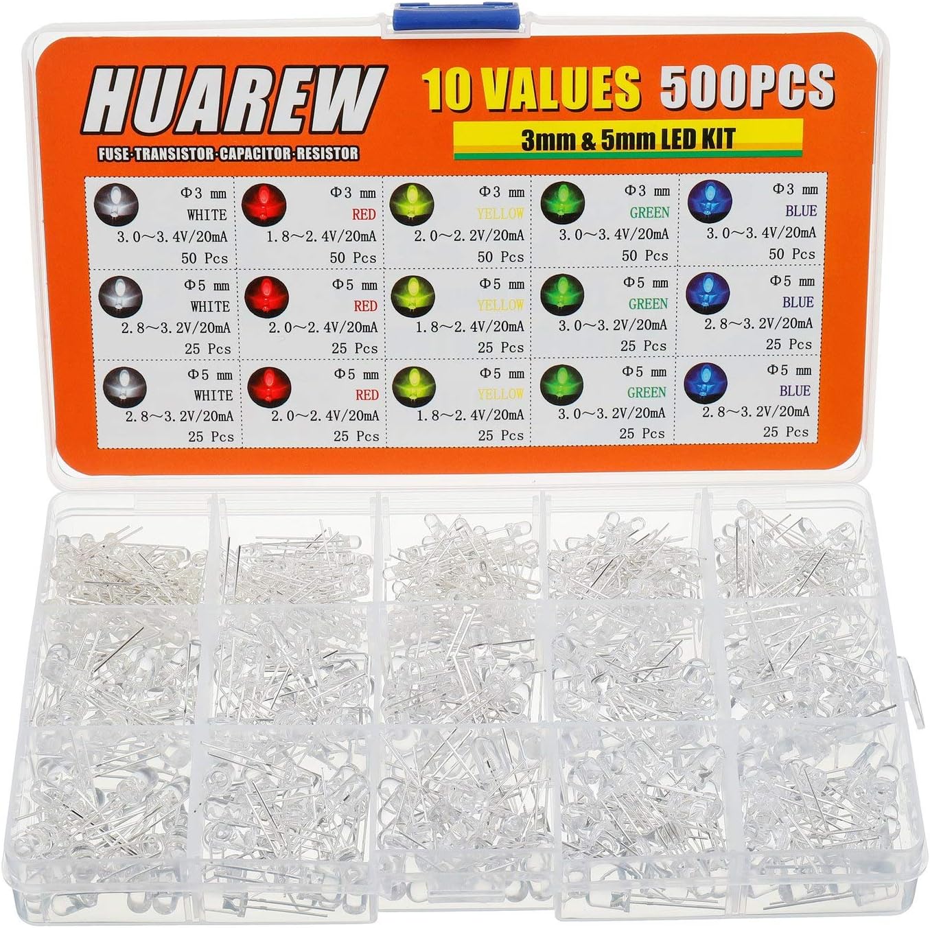 10 Colors 500 Pcs LED light Emitting Diode 3mm 5mm with White, Red, Yellow, Green, Blue 5 Color Classification Kit, Round Clear LED Lighting