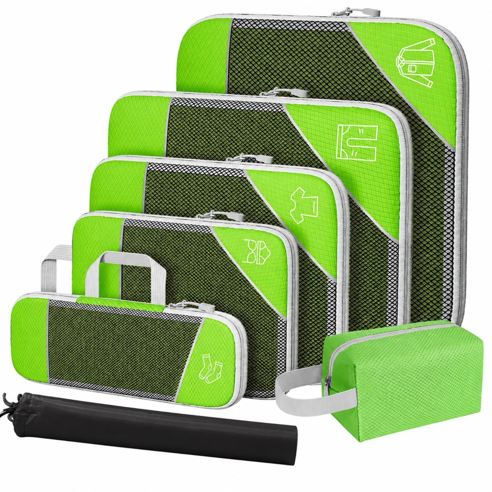 7 èces Organiteur Compreion Travel En Nylon Resrant Kit Rangement Pochtes à Fermure É Léger Packing Cubes, Vert