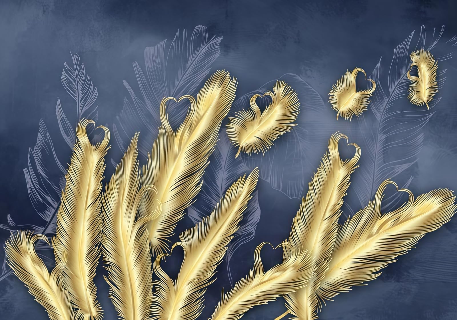 Gdkldfg Gold/Blue Feathers Feature Wall Wallpaper,Non-Woven Poster,Wall Mural For Living Room Bedroom Feature Wall Decoration 400X280cm
