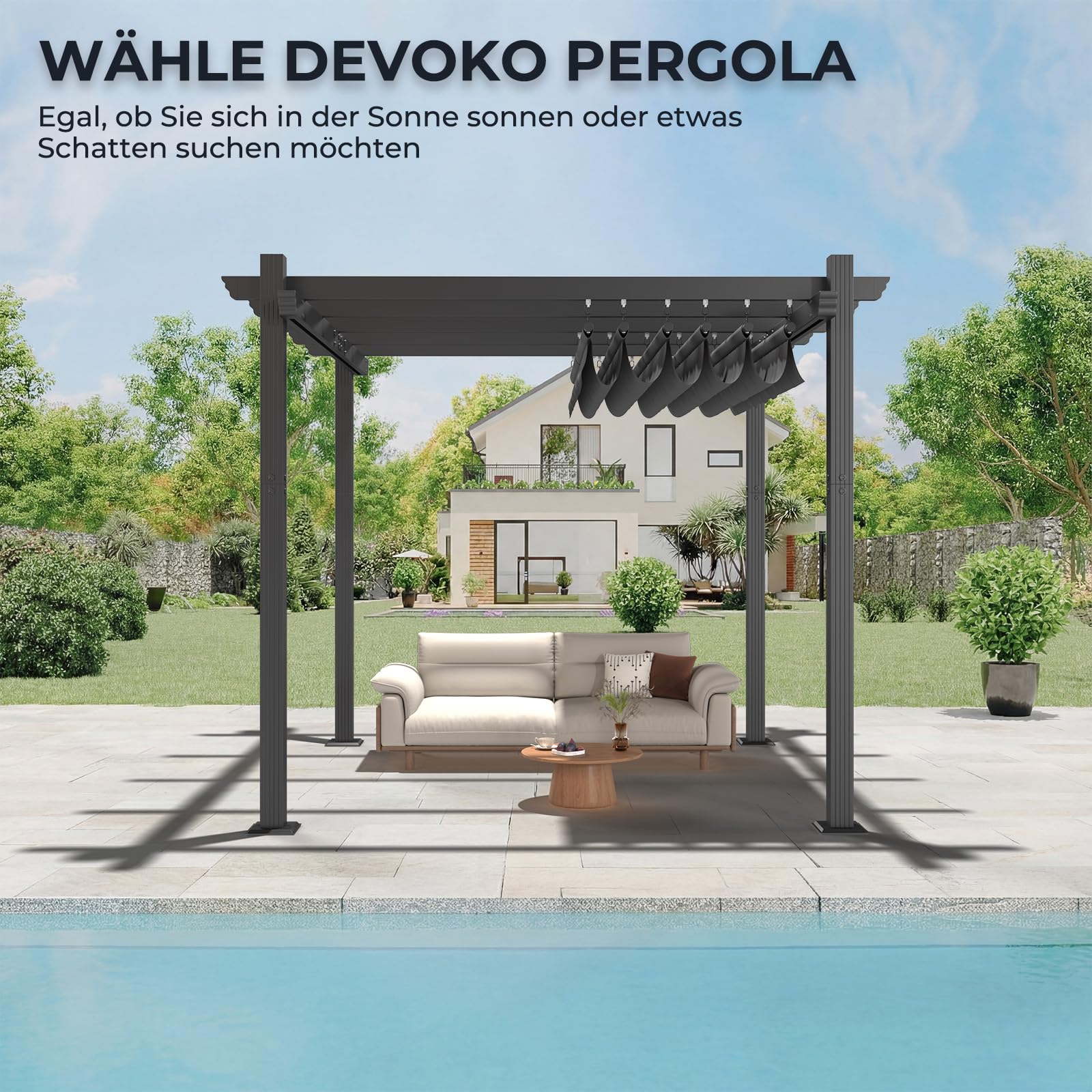 Devoko Aluminium Pergola mit Schiebedach, Verstellbarer Schattenfläche, UV-Schutz 50+, Pavillon 3x4 wasserdicht stabil Winterfest, Grillpavillon Metall für Gärten und Terrassen, Grau.