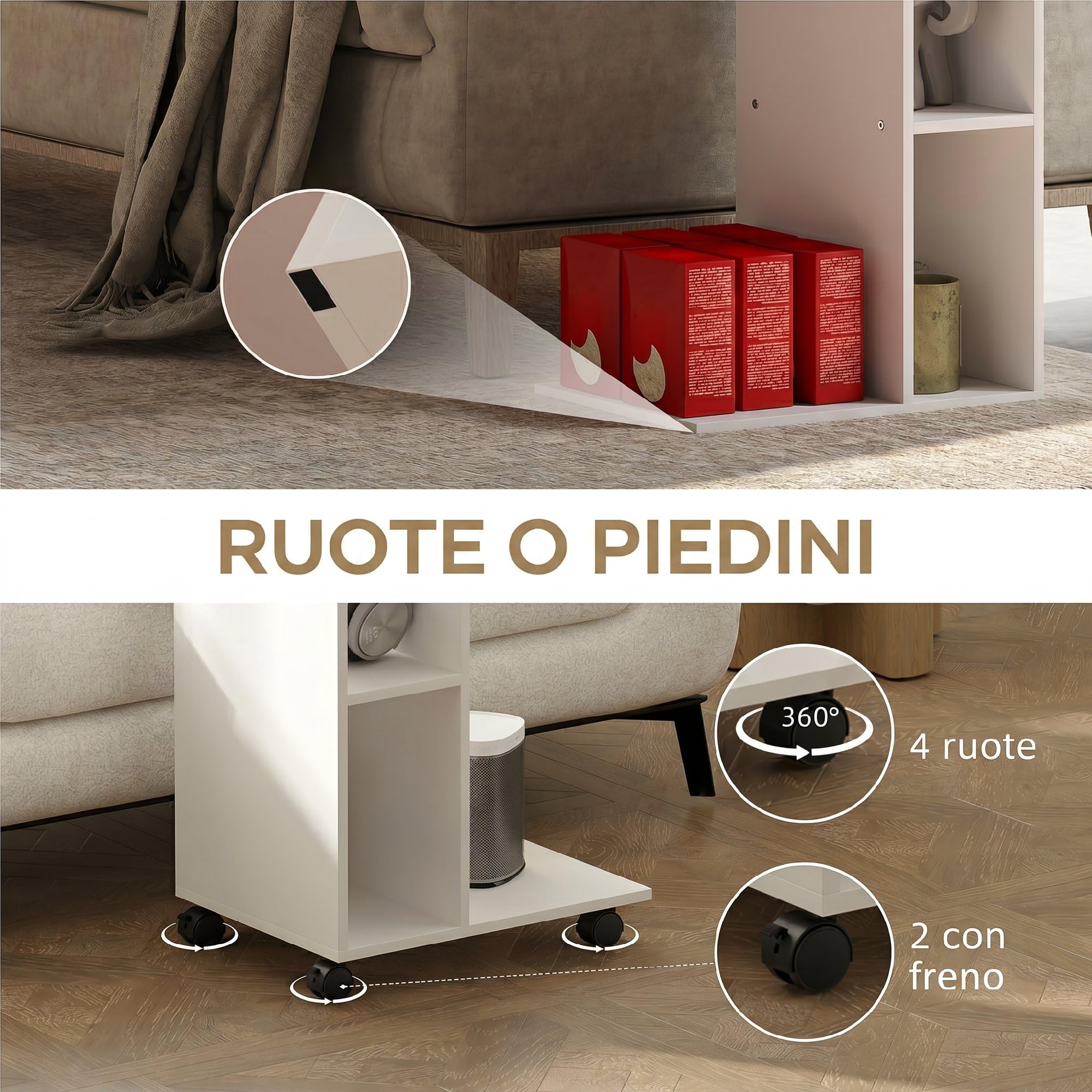 HOMCOM Tavolino da Soggiorno con Rotelle per Divano 40x30x69 cm Bianco